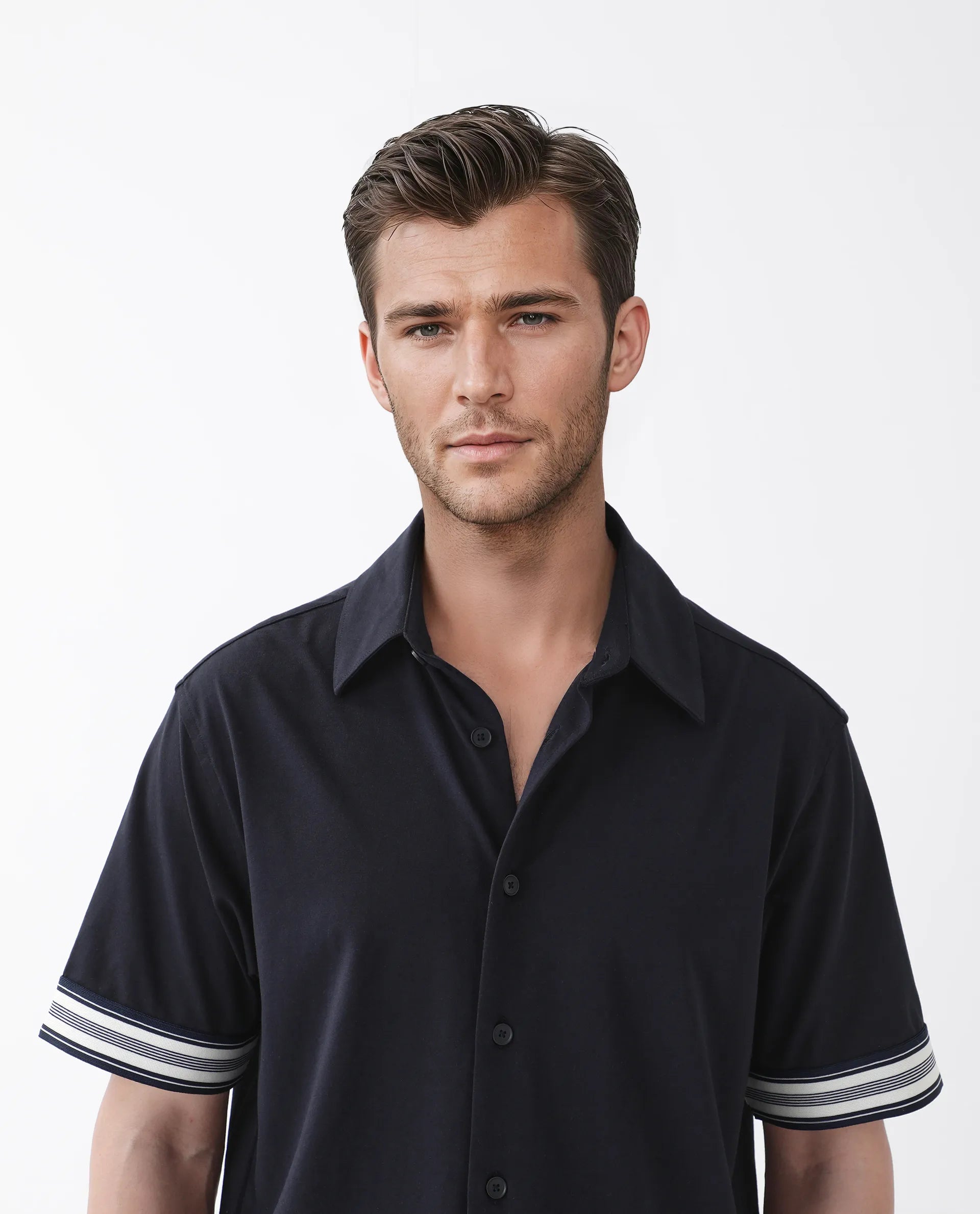 Rare Rabbit Men's Oble Dark Navy Cotton Blend Striped Print Relaxed Fit Half Sleeve Collared Shirt