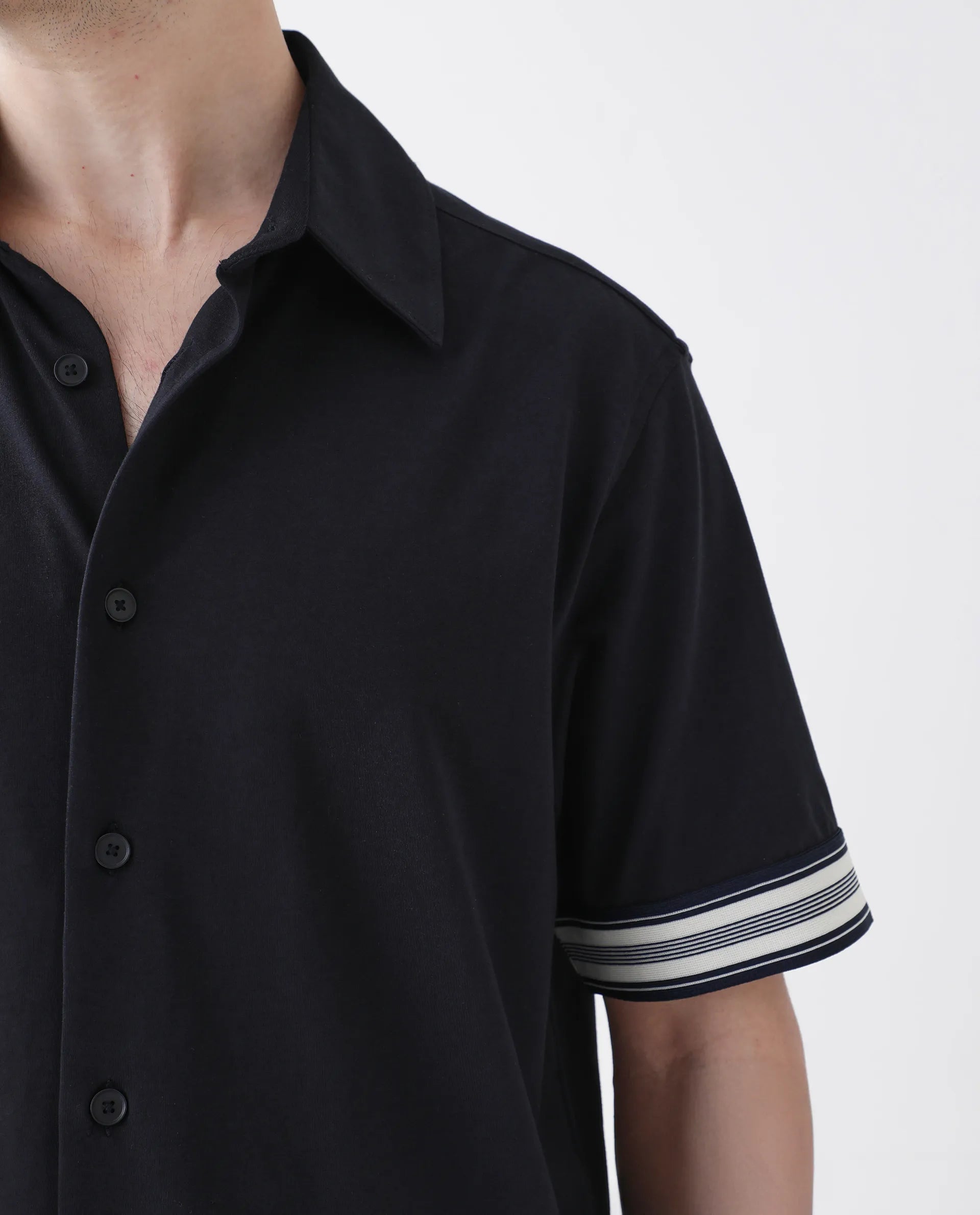 Rare Rabbit Men's Oble Dark Navy Cotton Blend Striped Print Relaxed Fit Half Sleeve Collared Shirt