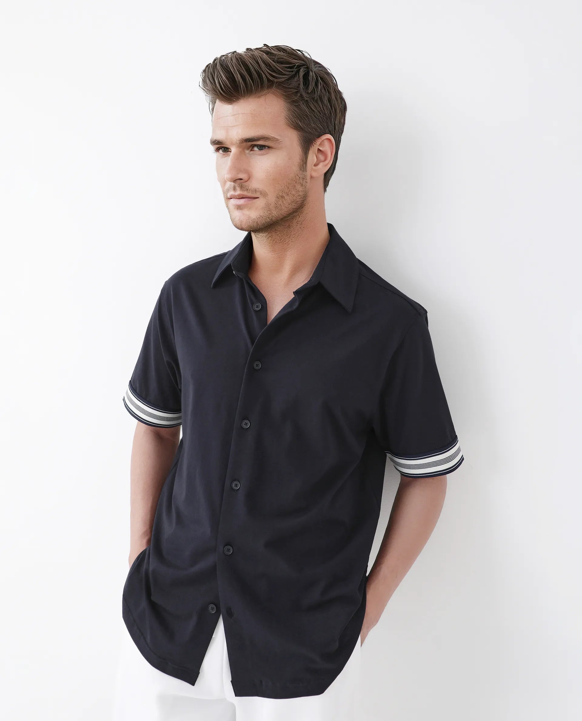 Rare Rabbit Men's Oble Dark Navy Cotton Blend Striped Print Relaxed Fit Half Sleeve Collared Shirt