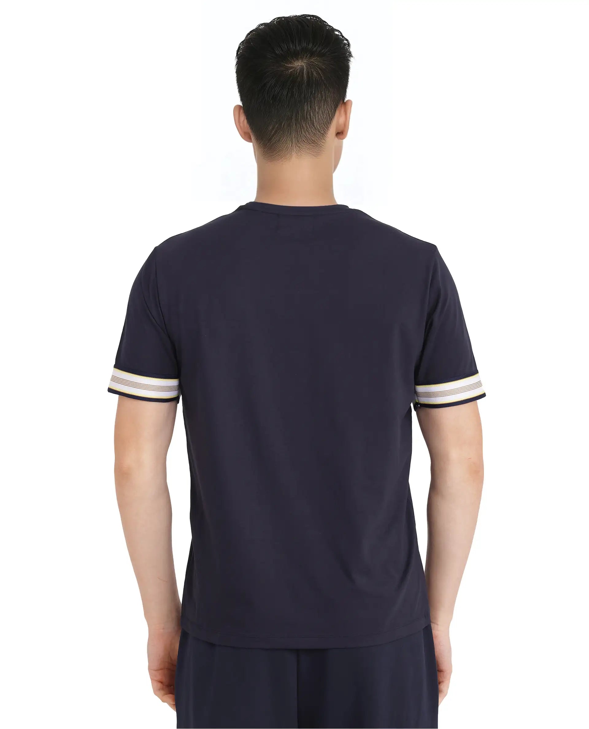 Rare Rabbit Men Oblee Navy Cotton Blend Fabric Short Sleeve Crew Neck Relaxed Fit Tape Detailed Sleeve T-Shirt