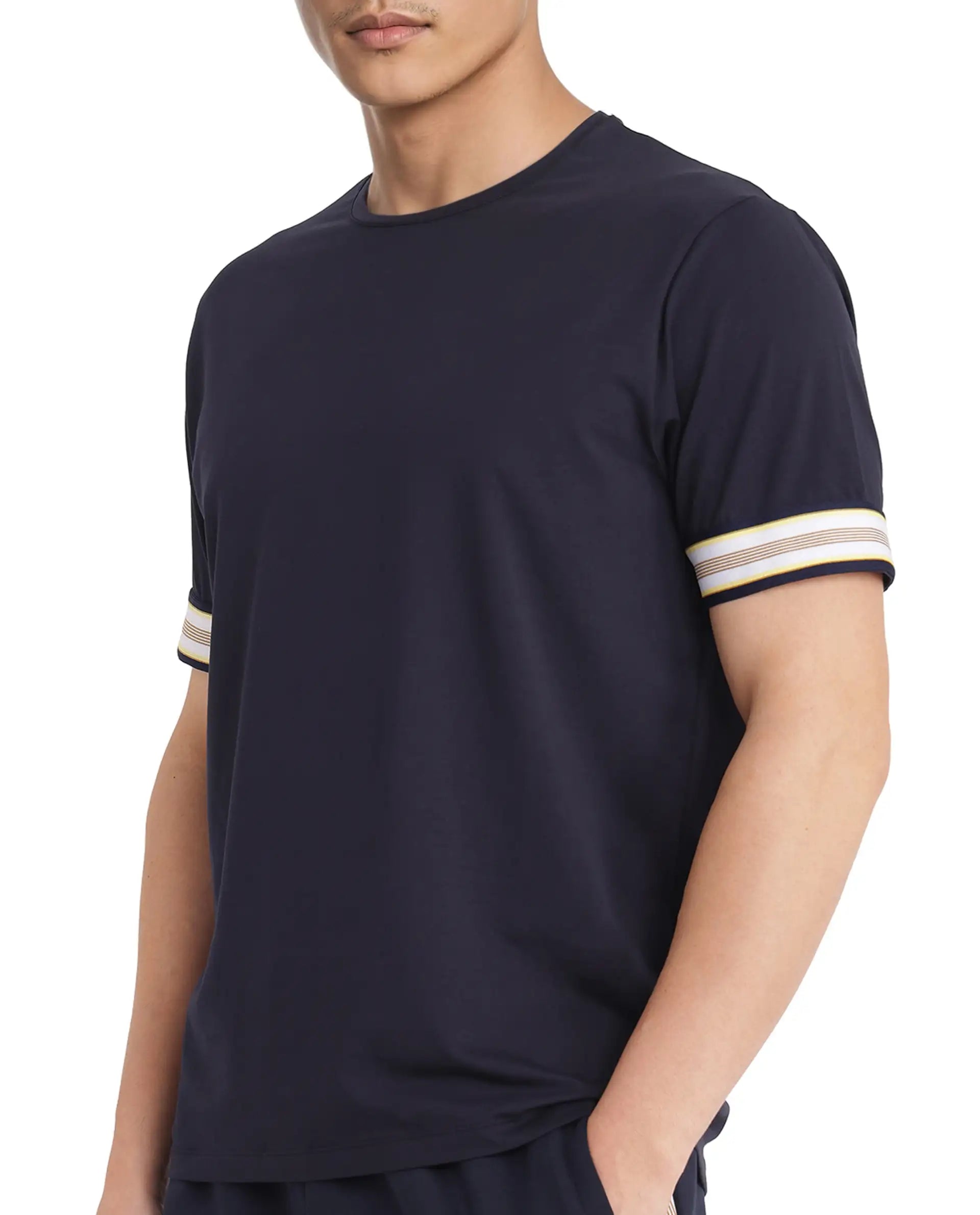 Rare Rabbit Men Oblee Navy Cotton Blend Fabric Short Sleeve Crew Neck Relaxed Fit Tape Detailed Sleeve T-Shirt