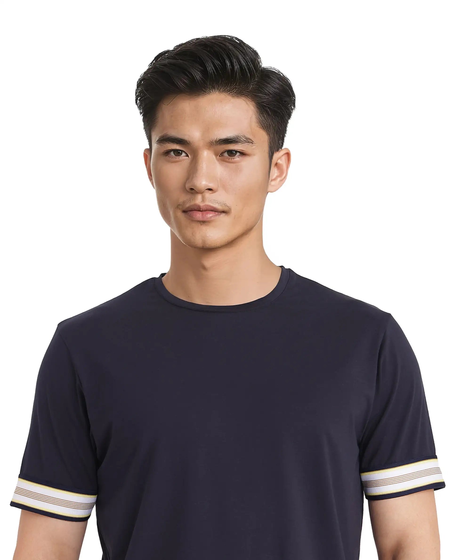 Rare Rabbit Men Oblee Navy Cotton Blend Fabric Short Sleeve Crew Neck Relaxed Fit Tape Detailed Sleeve T-Shirt