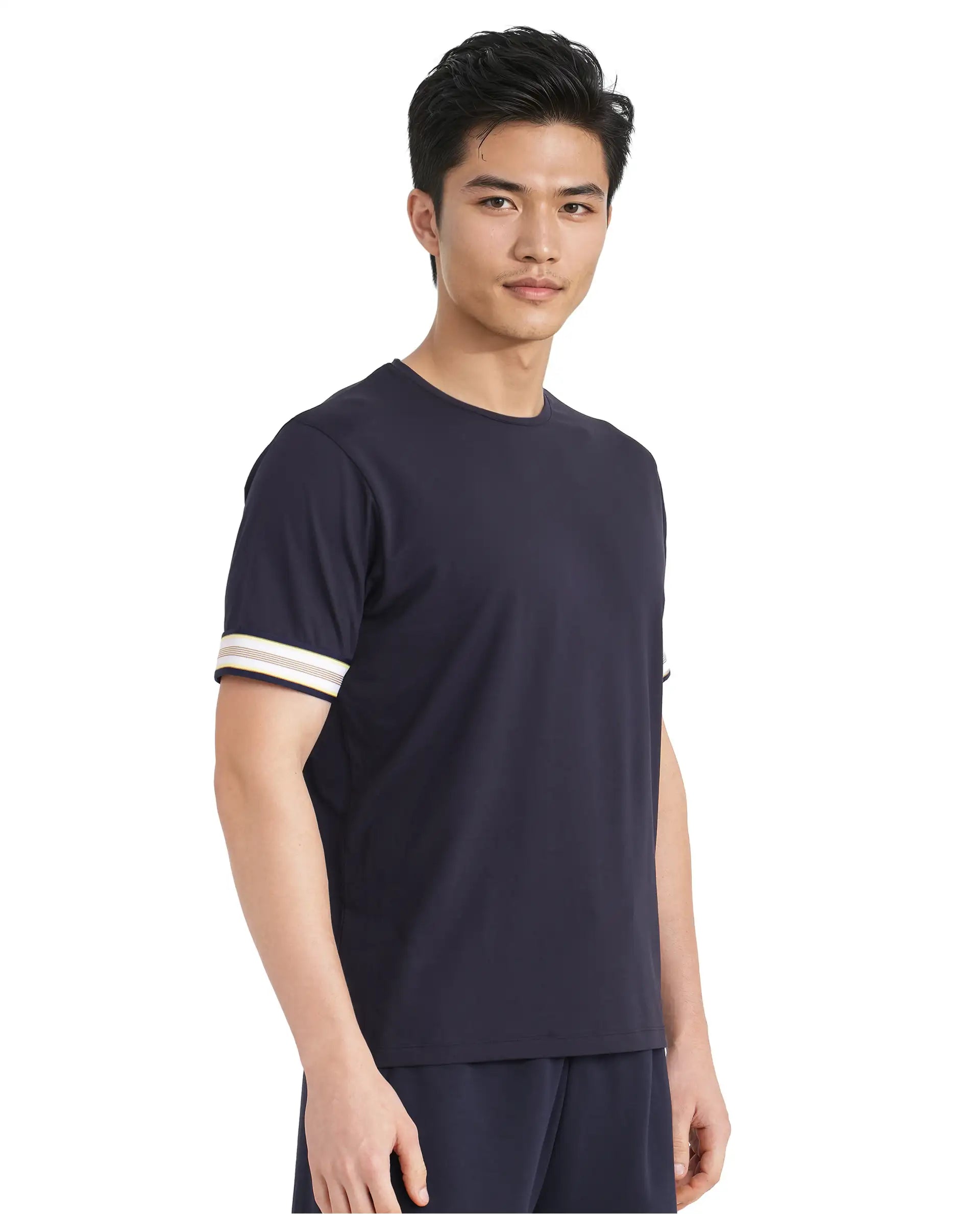 Rare Rabbit Men Oblee Navy Cotton Blend Fabric Short Sleeve Crew Neck Relaxed Fit Tape Detailed Sleeve T-Shirt