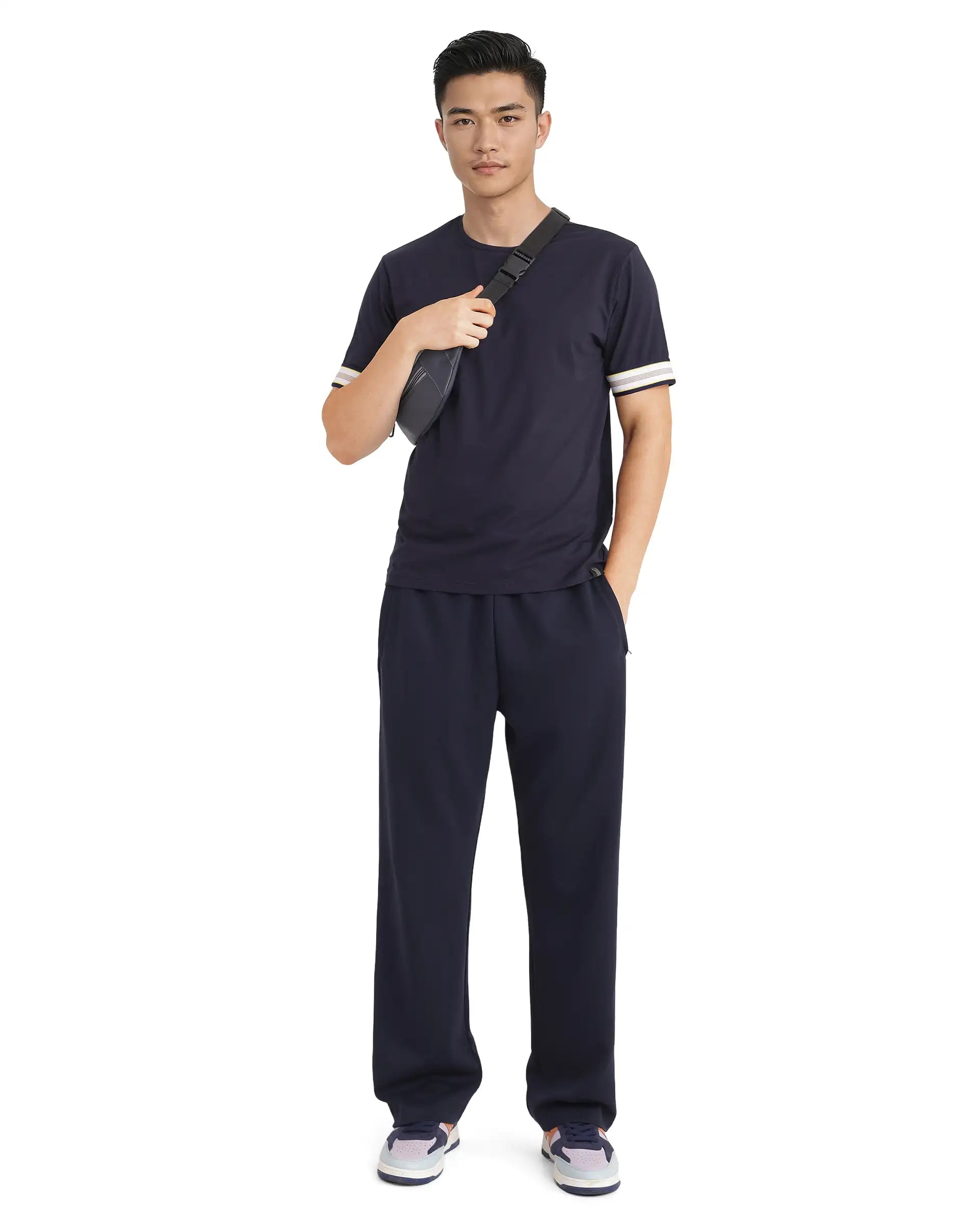 Rare Rabbit Men Oblee Navy Cotton Blend Fabric Short Sleeve Crew Neck Relaxed Fit Tape Detailed Sleeve T-Shirt