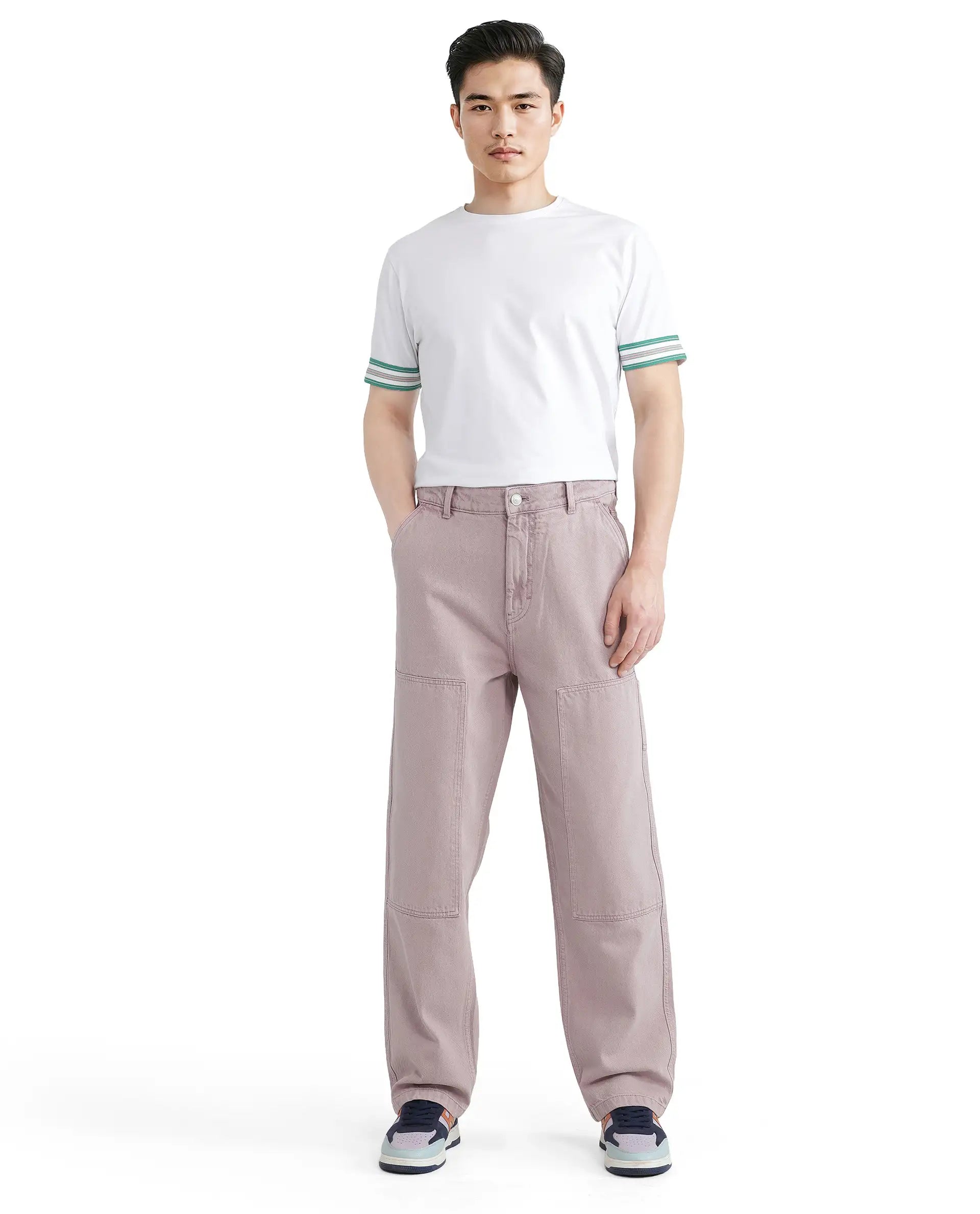 Rare Rabbit Men Oblee White Cotton Blend Fabric Short Sleeve Crew Neck Relaxed Fit Tape Detailed Sleeve T-Shirt