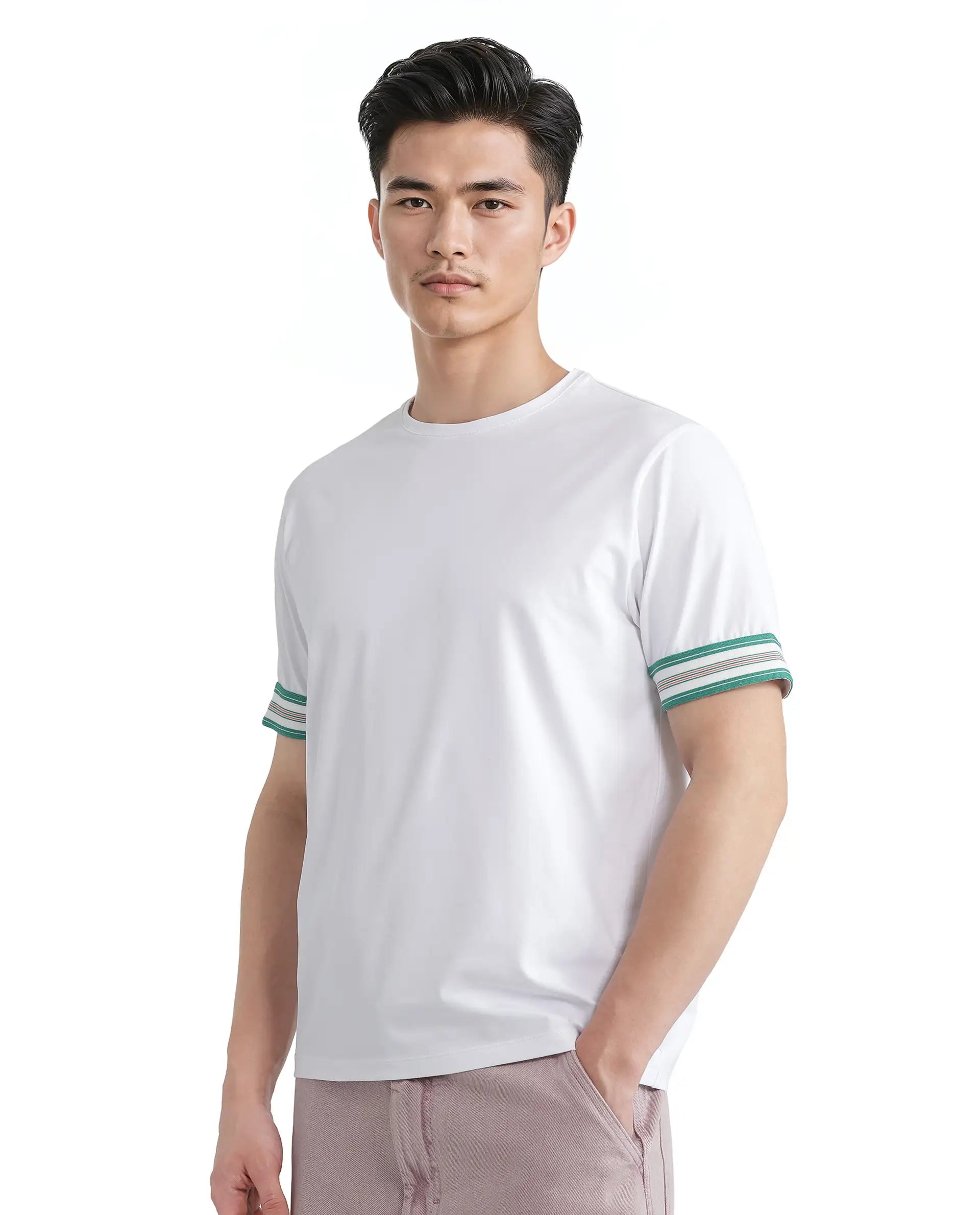 Rare Rabbit Men Oblee White Cotton Blend Fabric Short Sleeve Crew Neck Relaxed Fit Tape Detailed Sleeve T-Shirt