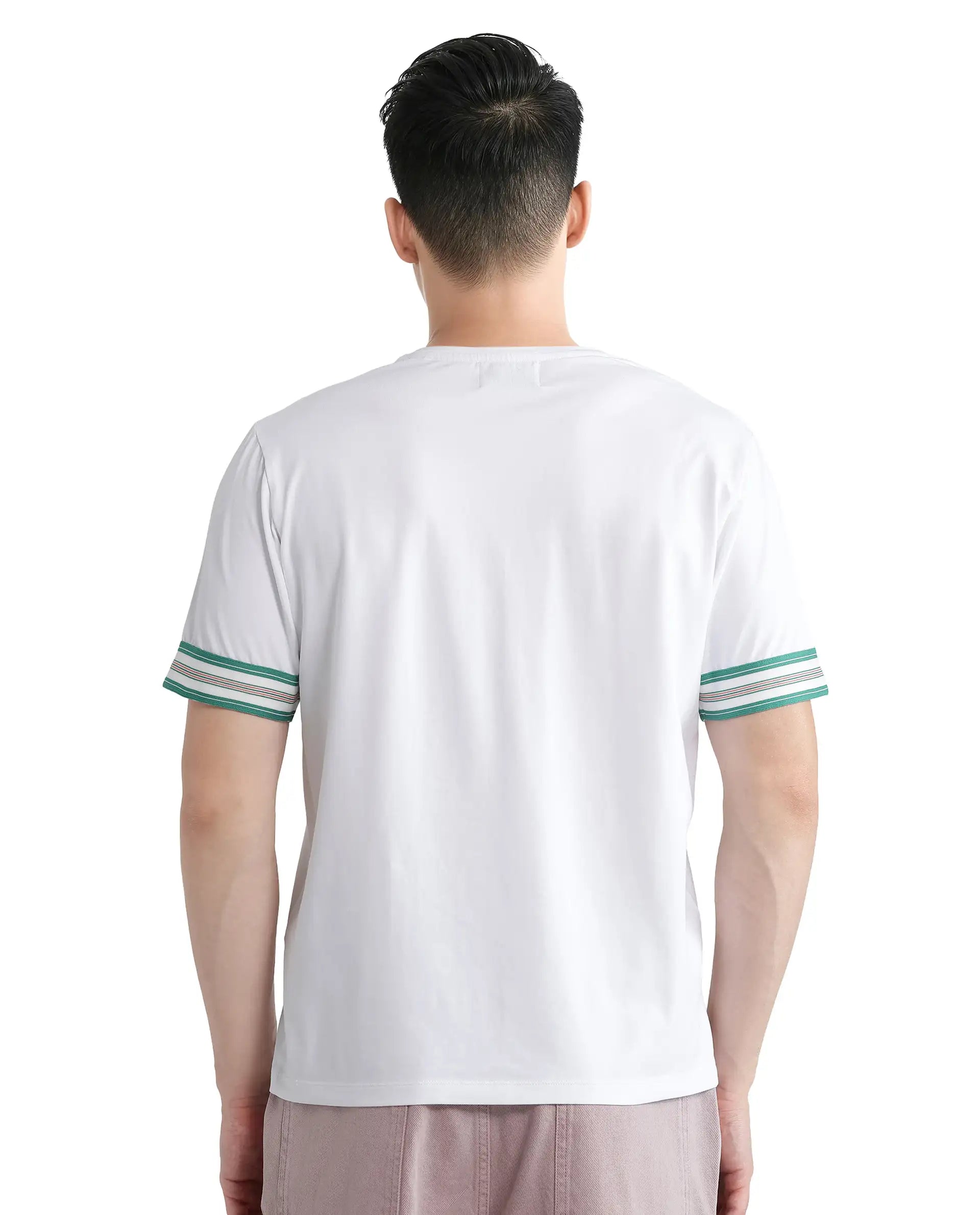 Rare Rabbit Men Oblee White Cotton Blend Fabric Short Sleeve Crew Neck Relaxed Fit Tape Detailed Sleeve T-Shirt