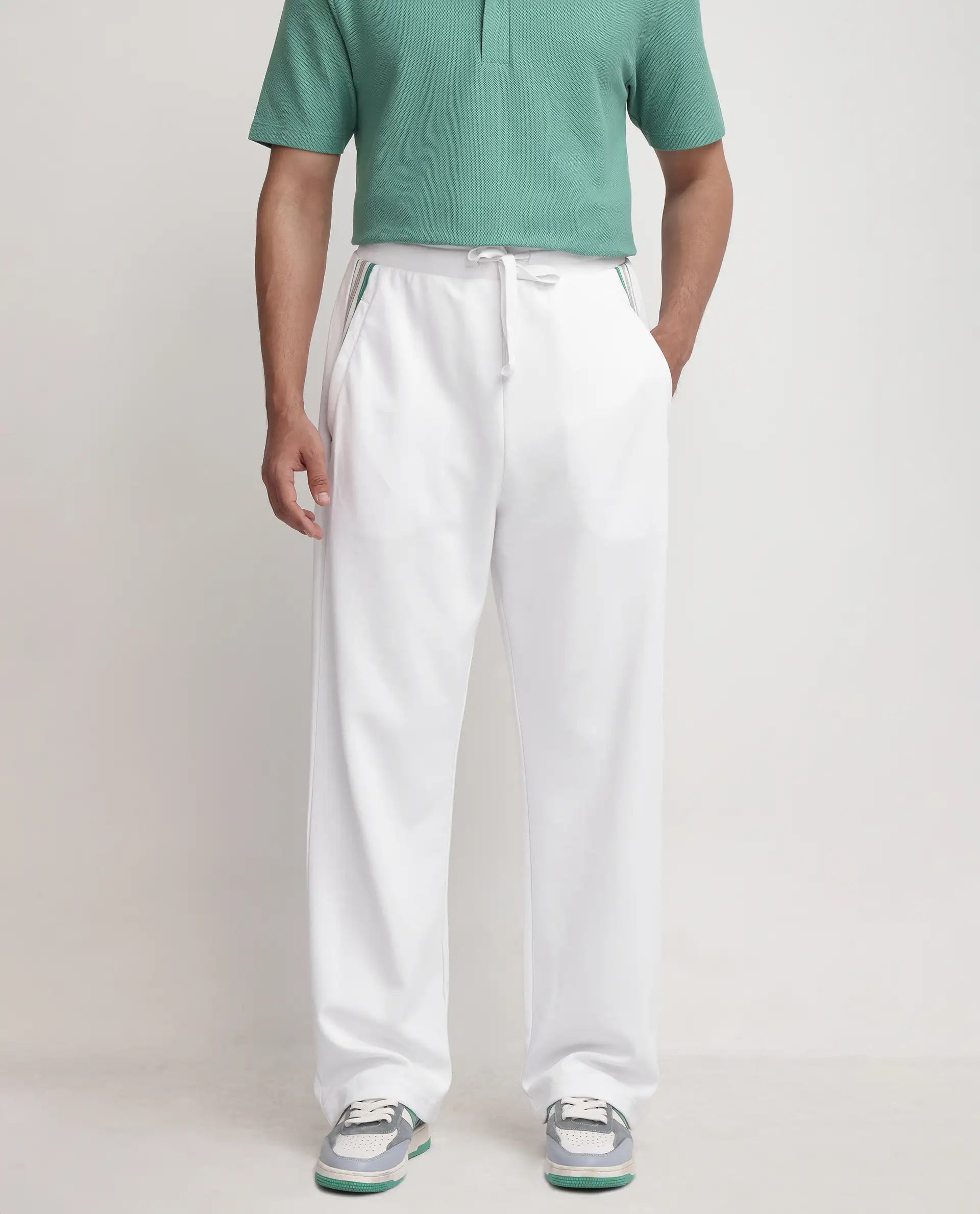 Rare Rabbit Men's Oblic White Cotton Blend Fabric Relaxed Fit Plain Track Pant