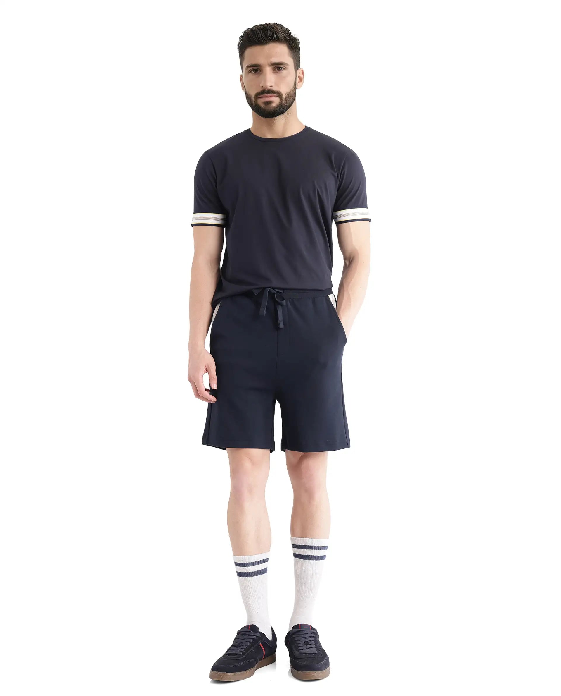 Rare Rabbit Men's Obl Navy Cotton Blend Fabric Relaxed Fit Plain Shorts