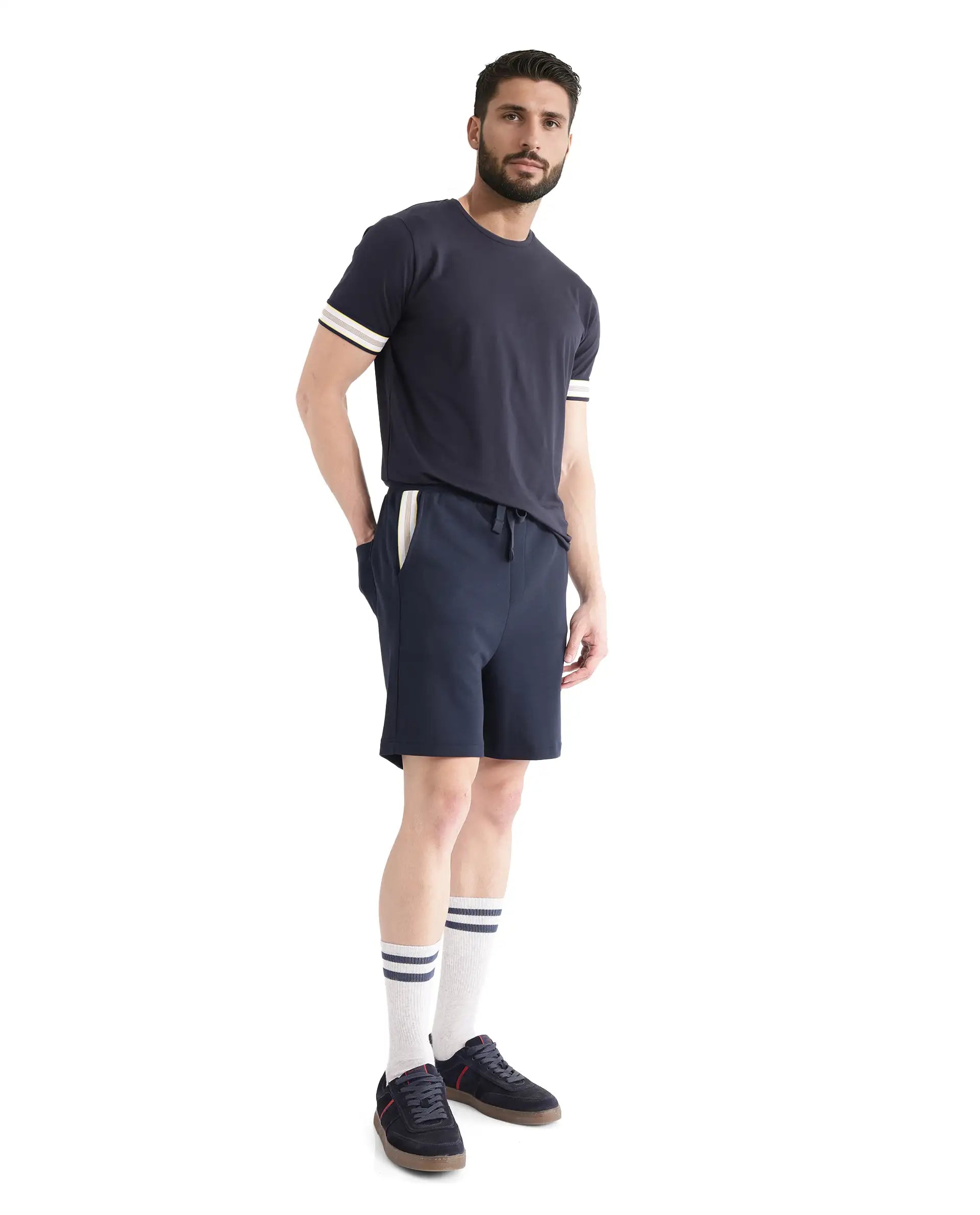 Rare Rabbit Men's Obl Navy Cotton Blend Fabric Relaxed Fit Plain Shorts