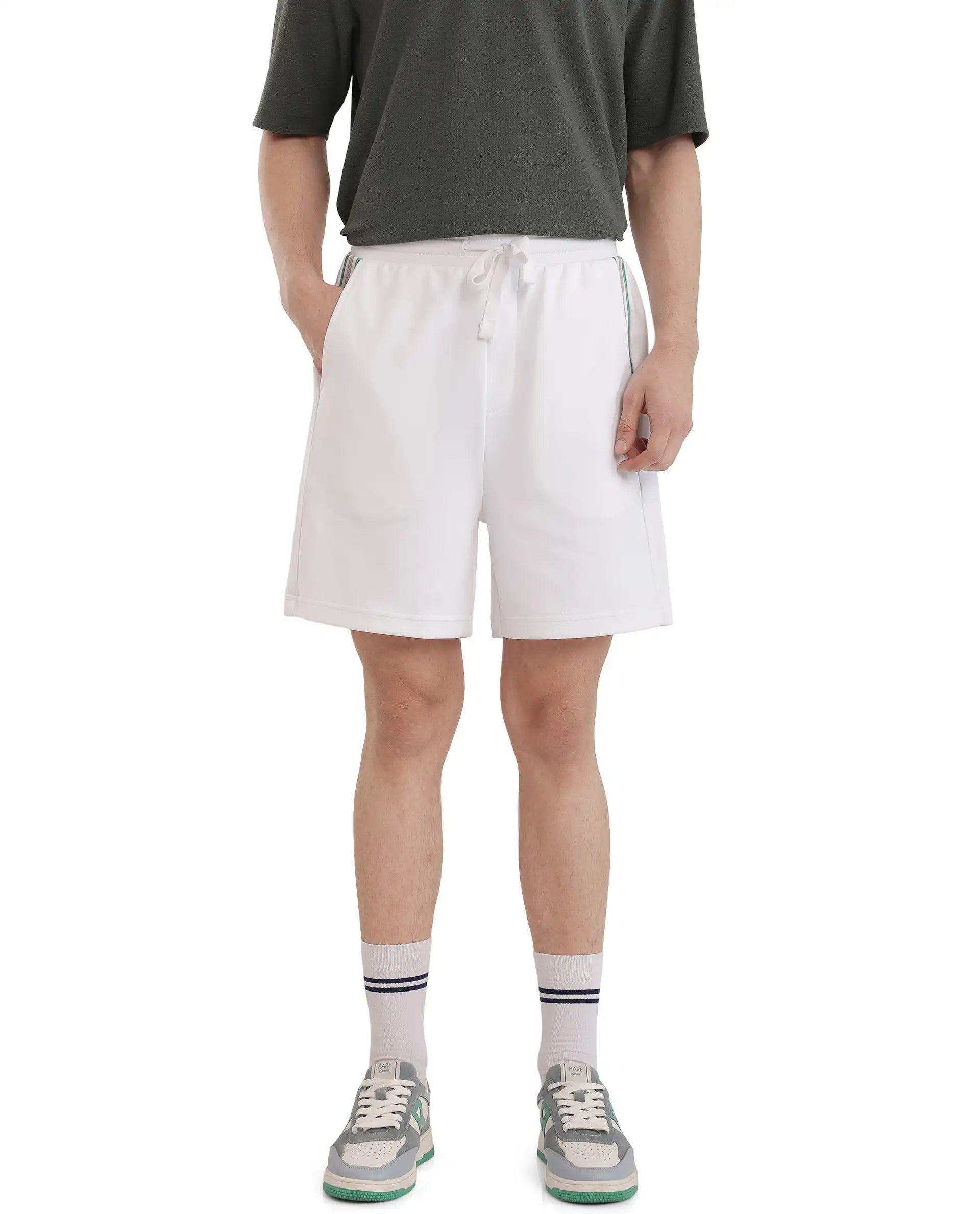 Rare Rabbit Men's Obl White Cotton Blend Fabric Relaxed Fit Plain Shorts