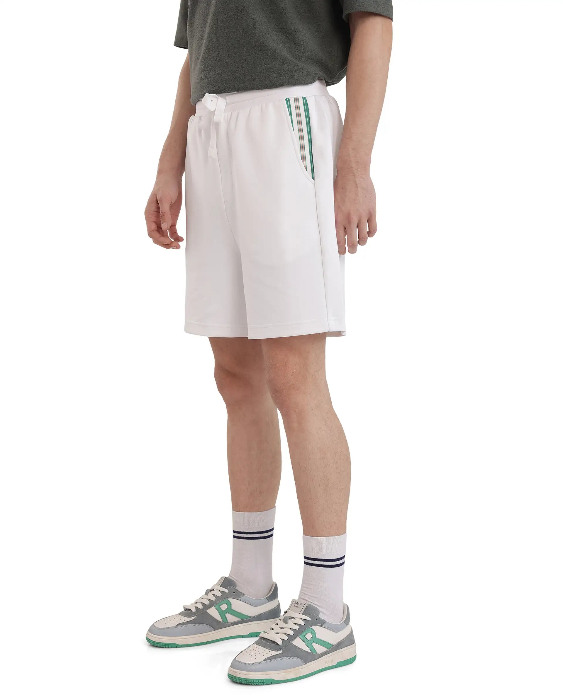 Rare Rabbit Men's Obl White Cotton Blend Fabric Relaxed Fit Plain Shorts