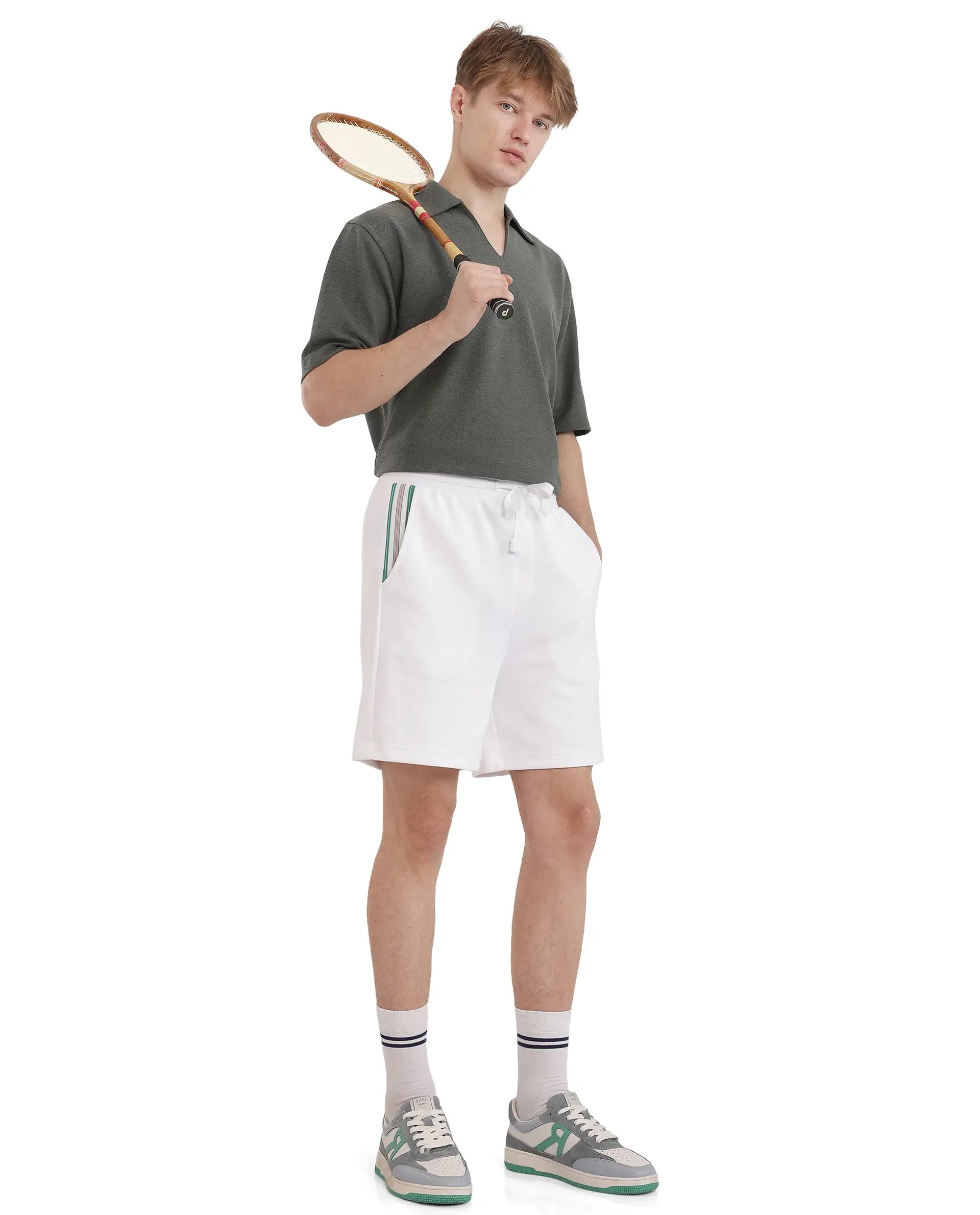 Rare Rabbit Men's Obl White Cotton Blend Fabric Relaxed Fit Plain Shorts