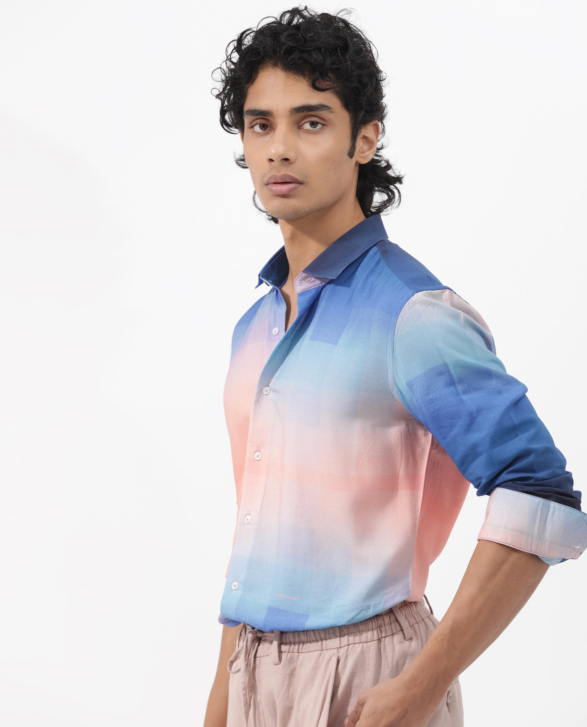 Rare Rabbit Men's Obroom Light Pink Viscose Fabric Full Sleeves Gradient Abstract Print Shirt