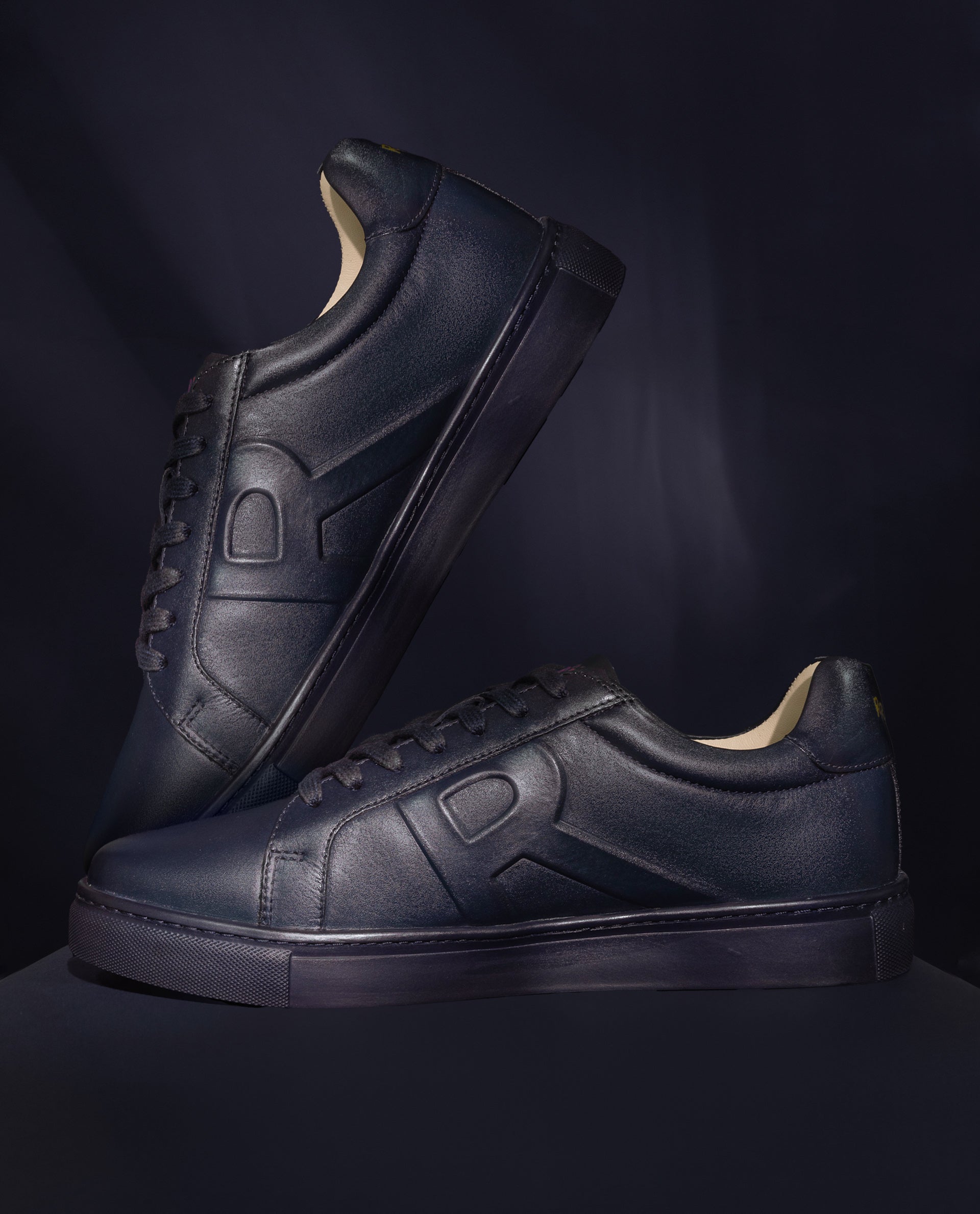 Rare Rabbit Men's Odessa Navy Genuine Leather Round Toe Low-Top Lace-Up Monochromatic Sneaker