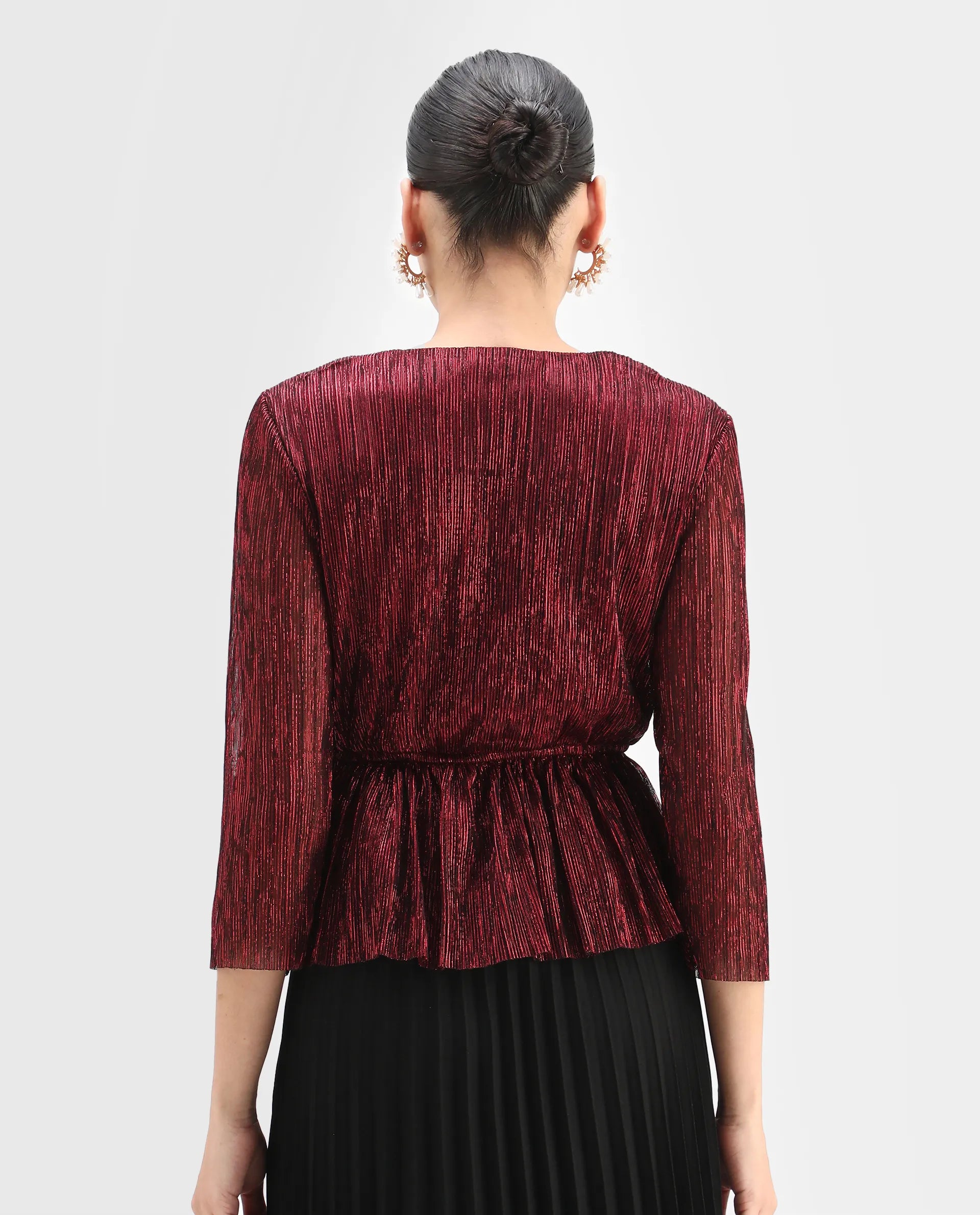 Rareism Women's Odim Metalic Red Polyester V-Neck Shimmer Regular Fit Top