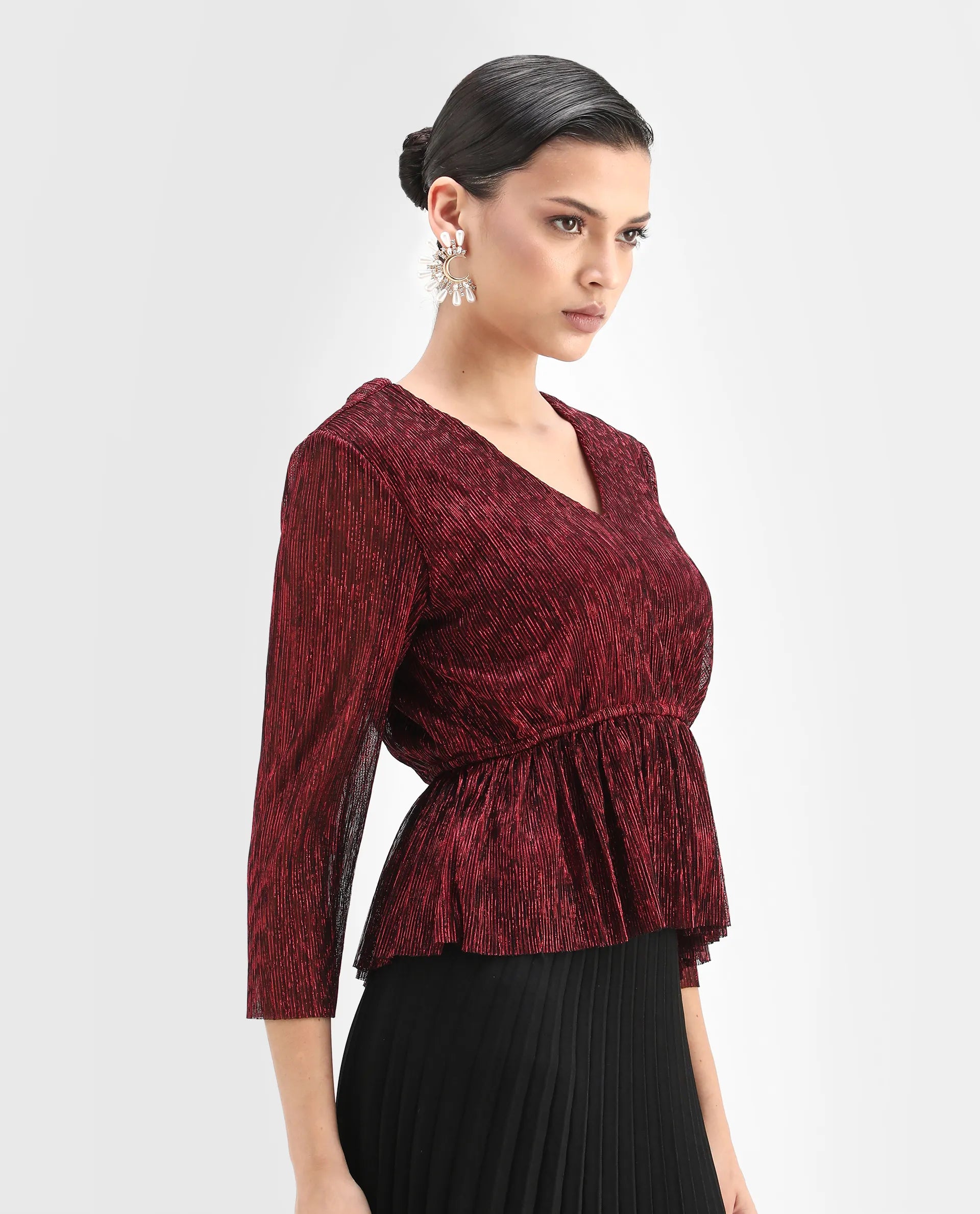 Rareism Women's Odim Metalic Red Polyester V-Neck Shimmer Regular Fit Top