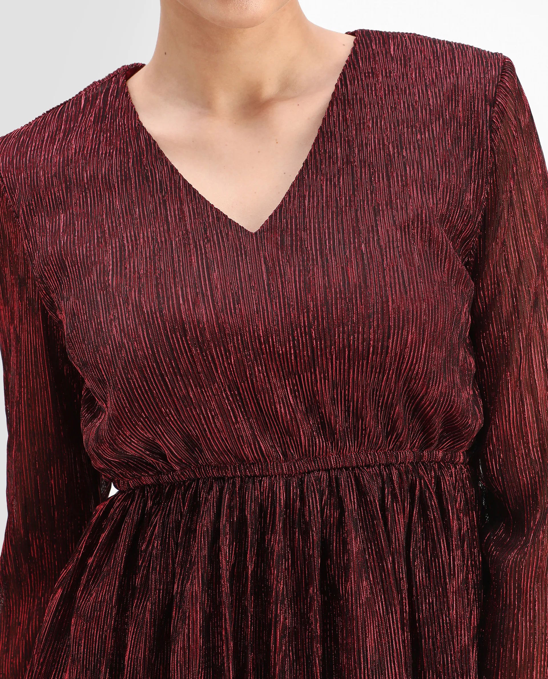 Rareism Women's Odim Metalic Red Polyester V-Neck Shimmer Regular Fit Top