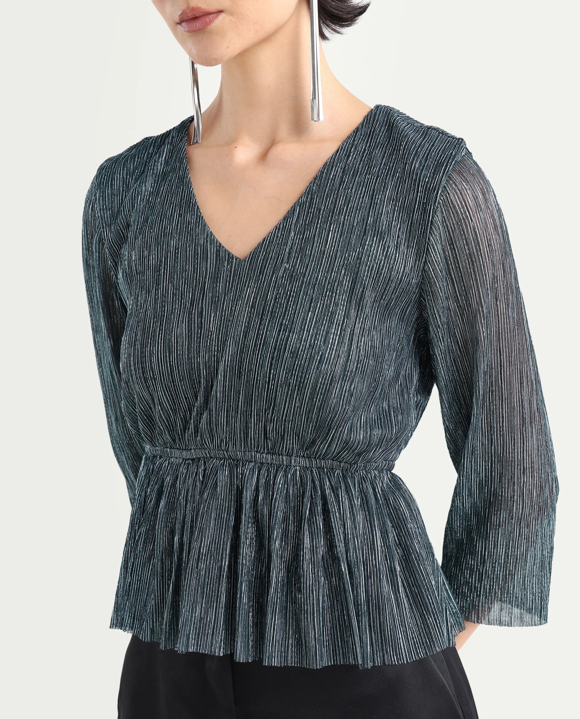 Rareism Women's Odim Metalic Silver Polyester V-Neck Shimmer Regular Fit Top