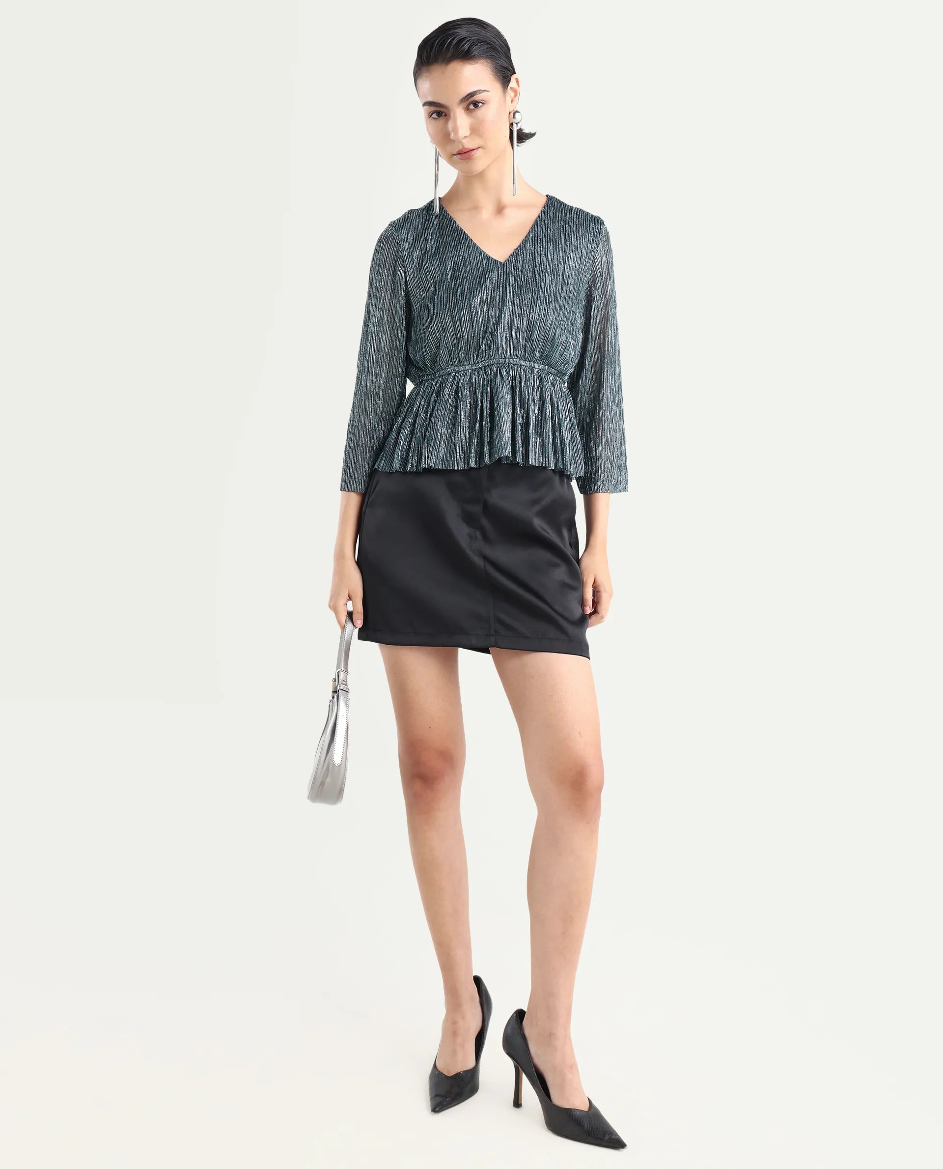Rareism Women's Odim Metalic Silver Polyester V-Neck Shimmer Regular Fit Top