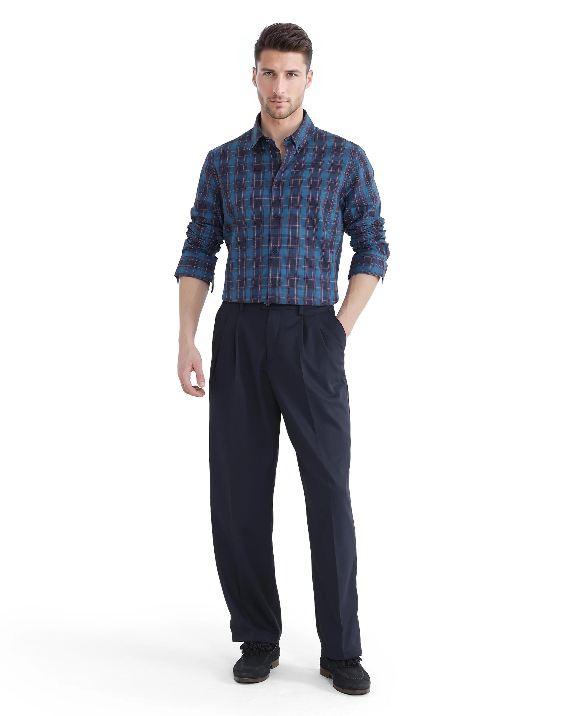 Rare Rabbit Men's Odra Blue Cotton Fabric Long Sleeve Check Shirt