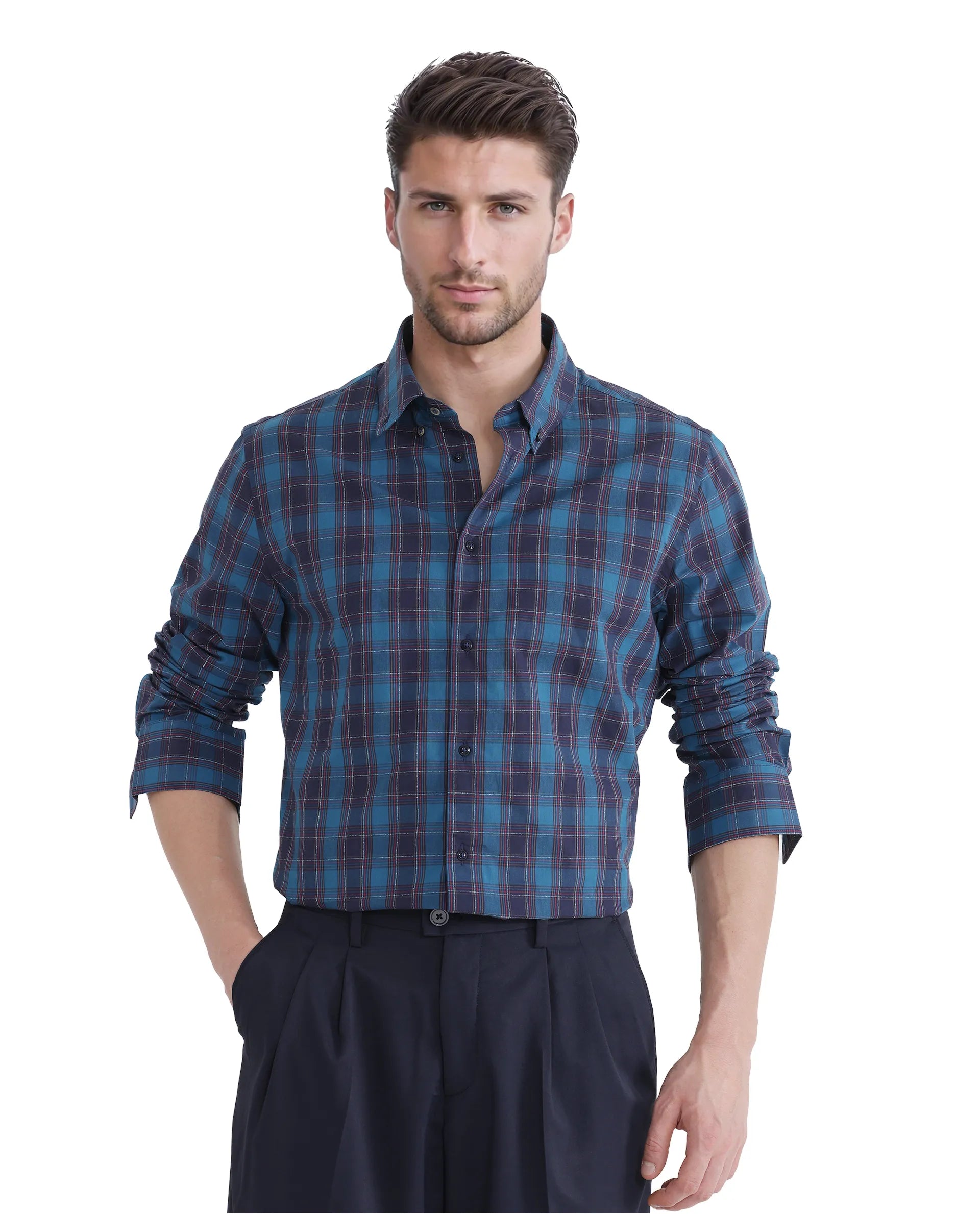 Rare Rabbit Men's Odra Blue Cotton Fabric Long Sleeve Check Shirt