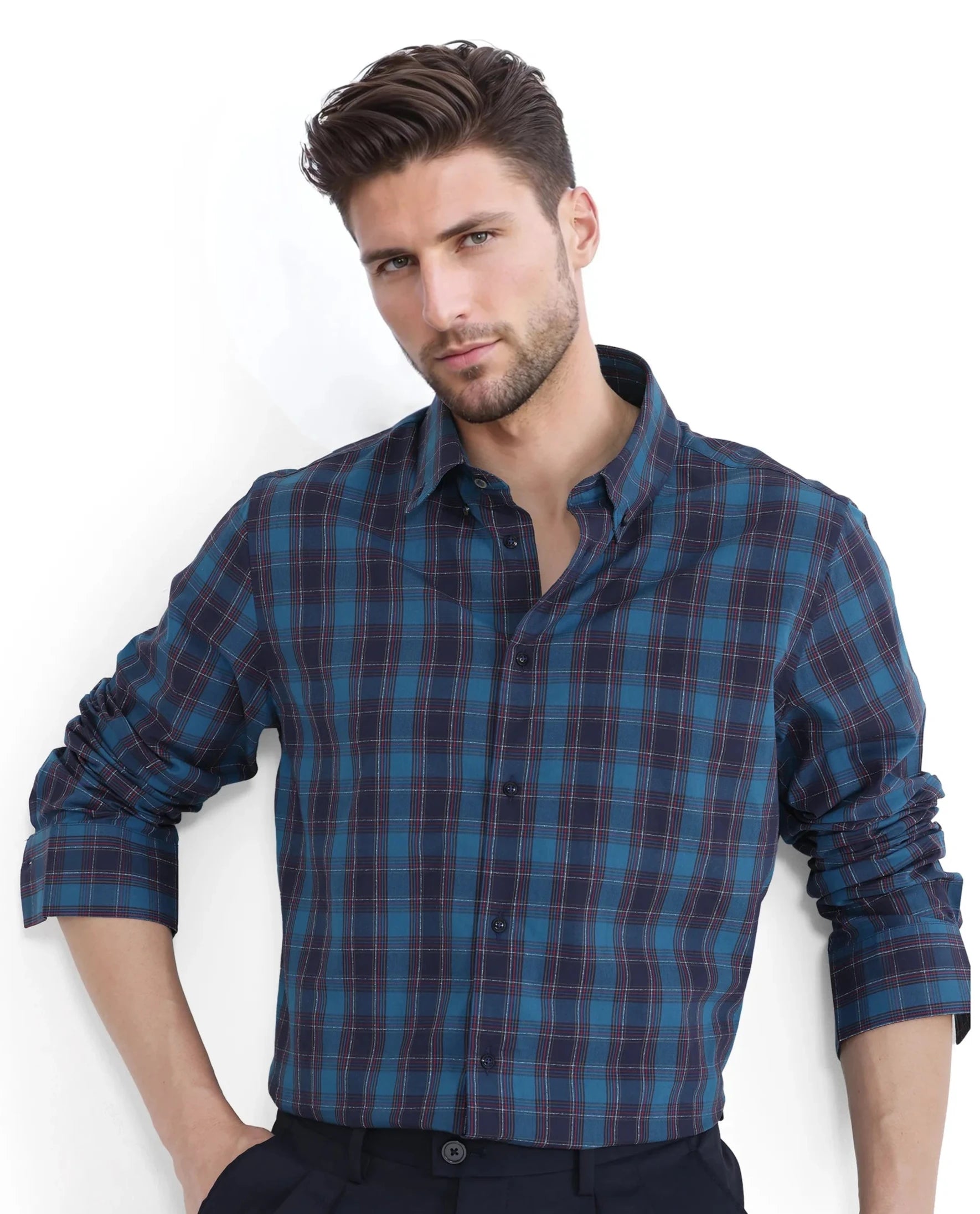 Rare Rabbit Men's Odra Blue Cotton Fabric Long Sleeve Check Shirt