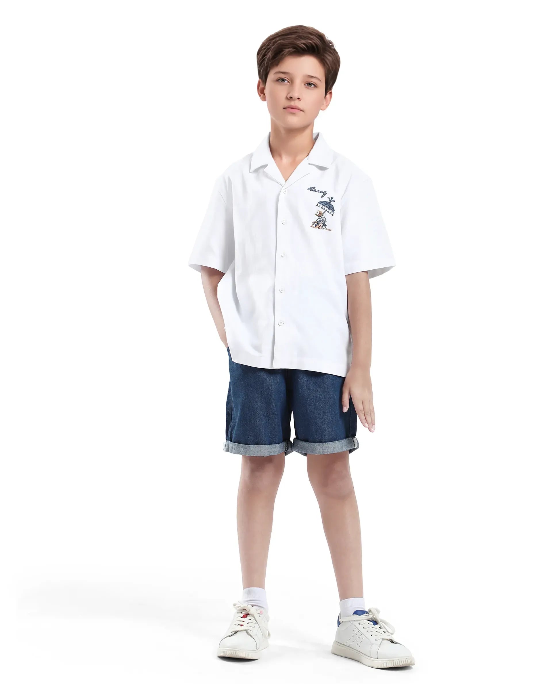 Rare Ones Kids Ofo White Cotton Blend Full Sleeve Button Embroidered Regular Fit Shirt