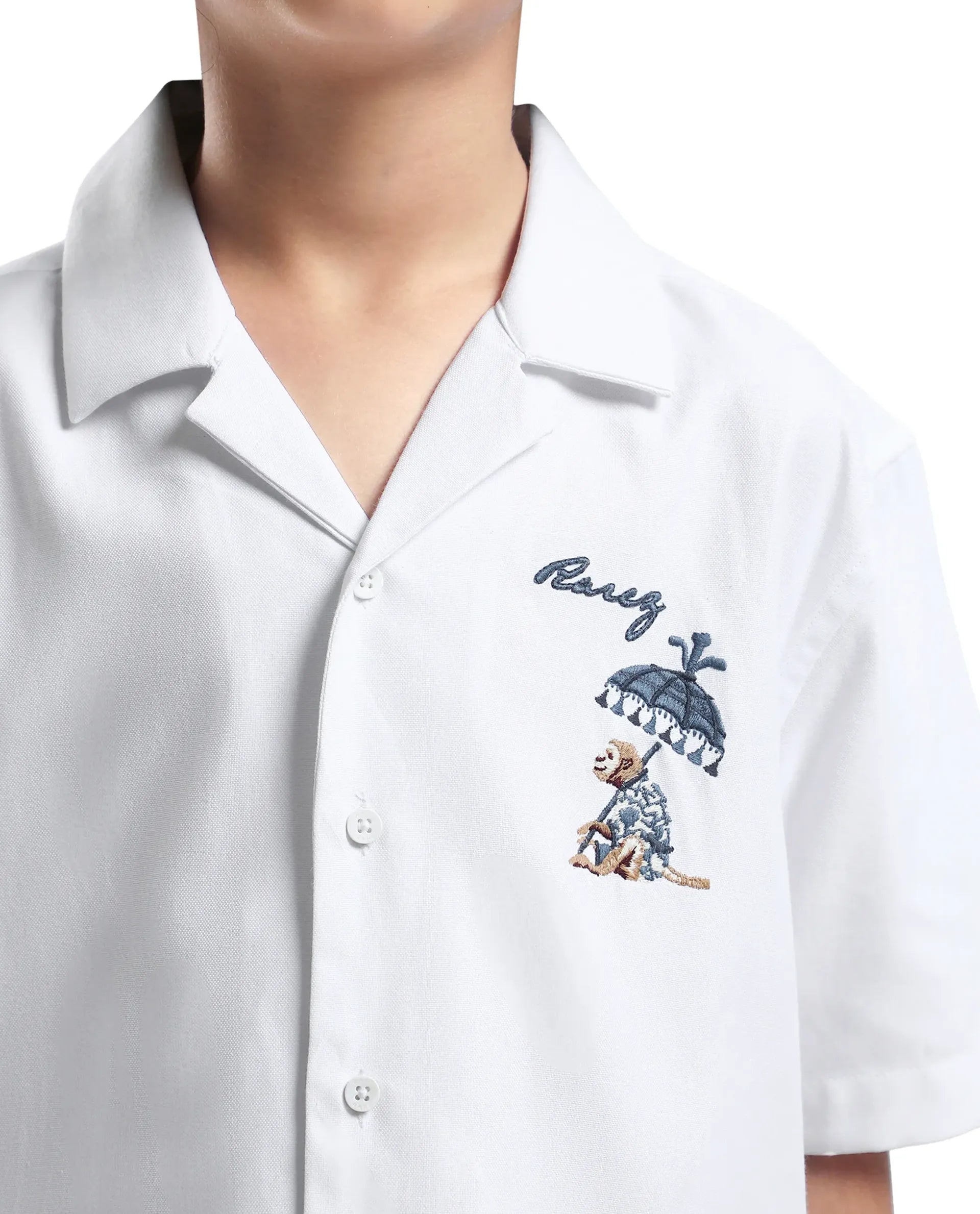 Rare Ones Kids Ofo White Cotton Blend Full Sleeve Button Embroidered Regular Fit Shirt