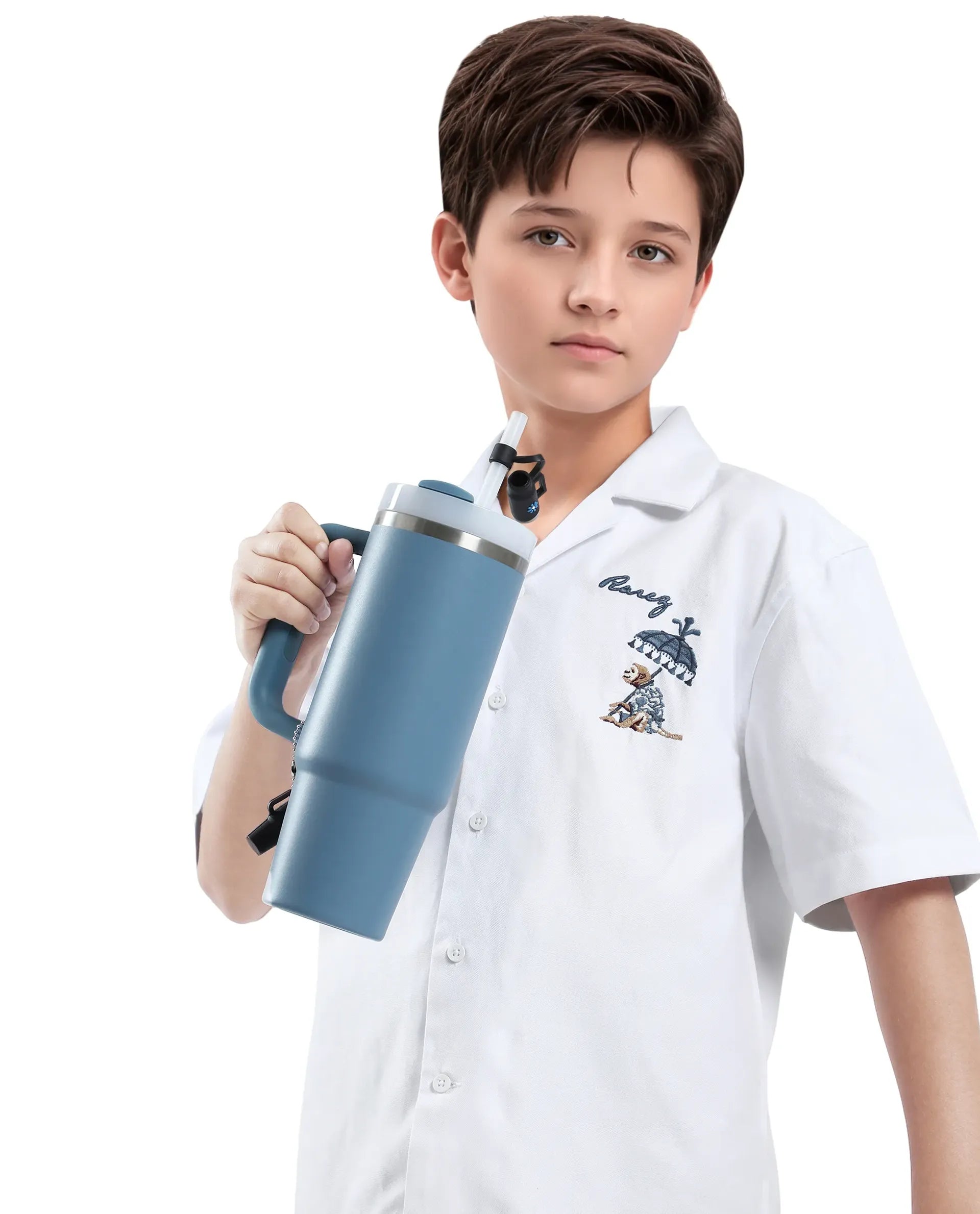 Rare Ones Kids Ofo White Cotton Blend Full Sleeve Button Embroidered Regular Fit Shirt