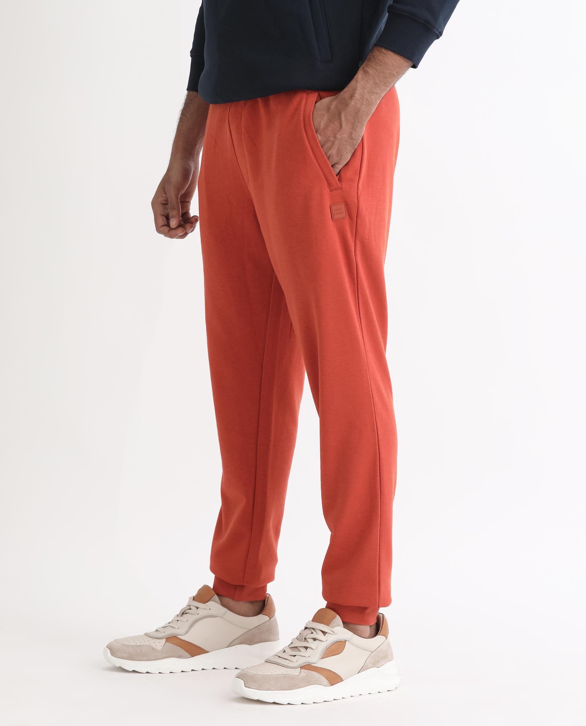 Rare Rabbit Mens Ogano Rust Cotton Polyester Fabric Mid Rise Drawstring Closure Knitted Trackpant