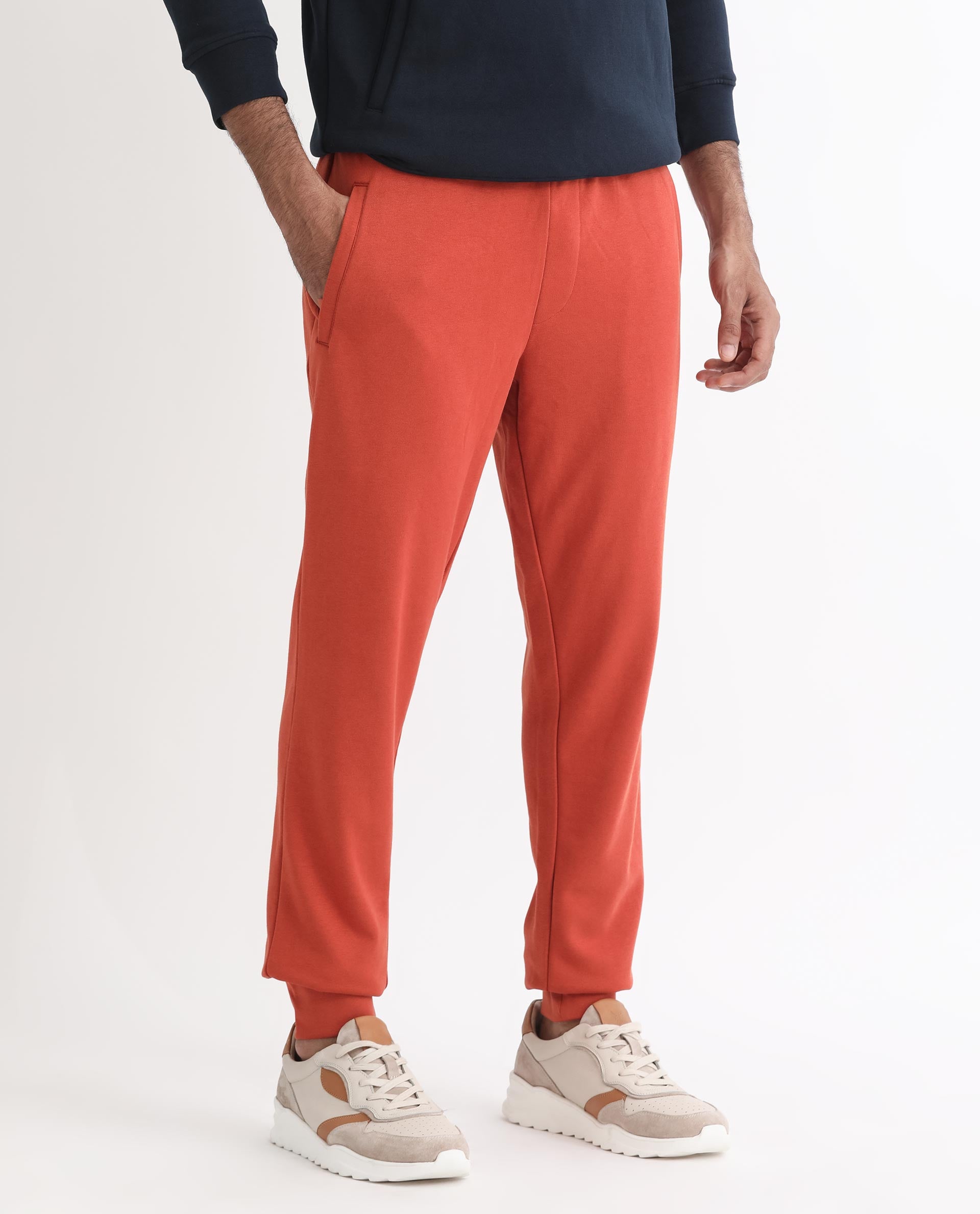 Rare Rabbit Mens Ogano Rust Cotton Polyester Fabric Mid Rise Drawstring Closure Knitted Trackpant