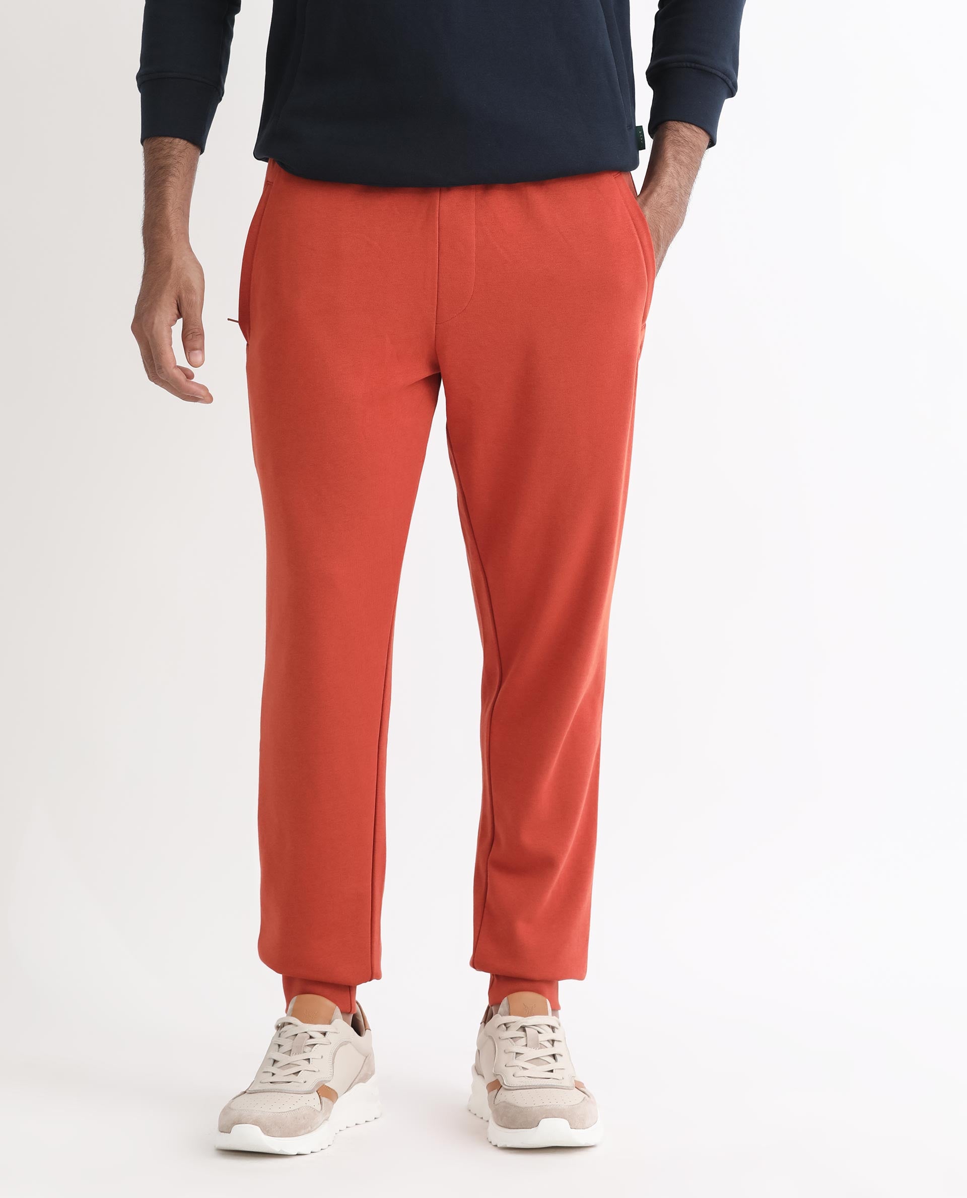 Rare Rabbit Mens Ogano Rust Cotton Polyester Fabric Mid Rise Drawstring Closure Knitted Trackpant