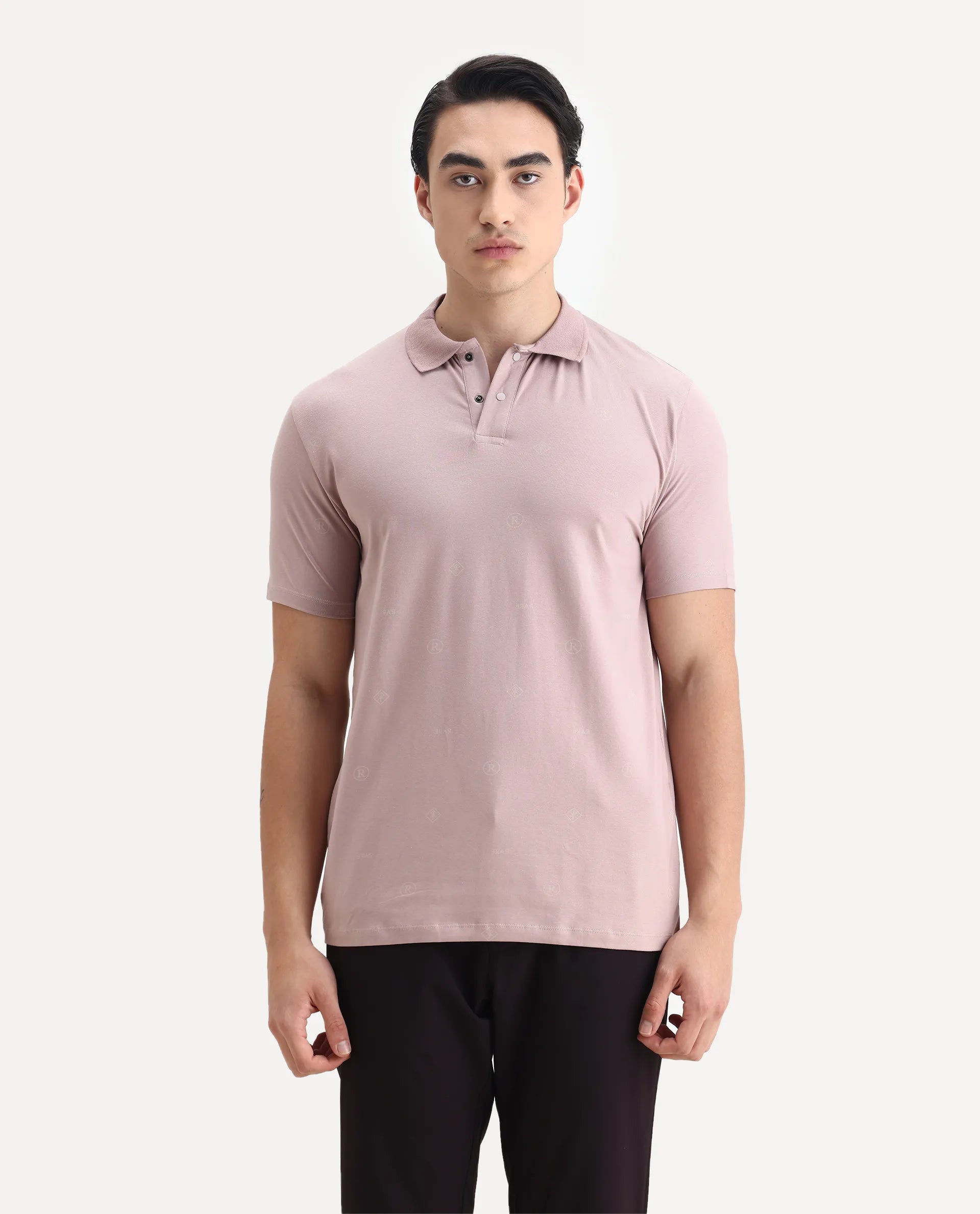 Rare Rabbit Men's Ogram Dusky Pink Cotton Monogram Print Regular Fit Half Sleeve Polo
