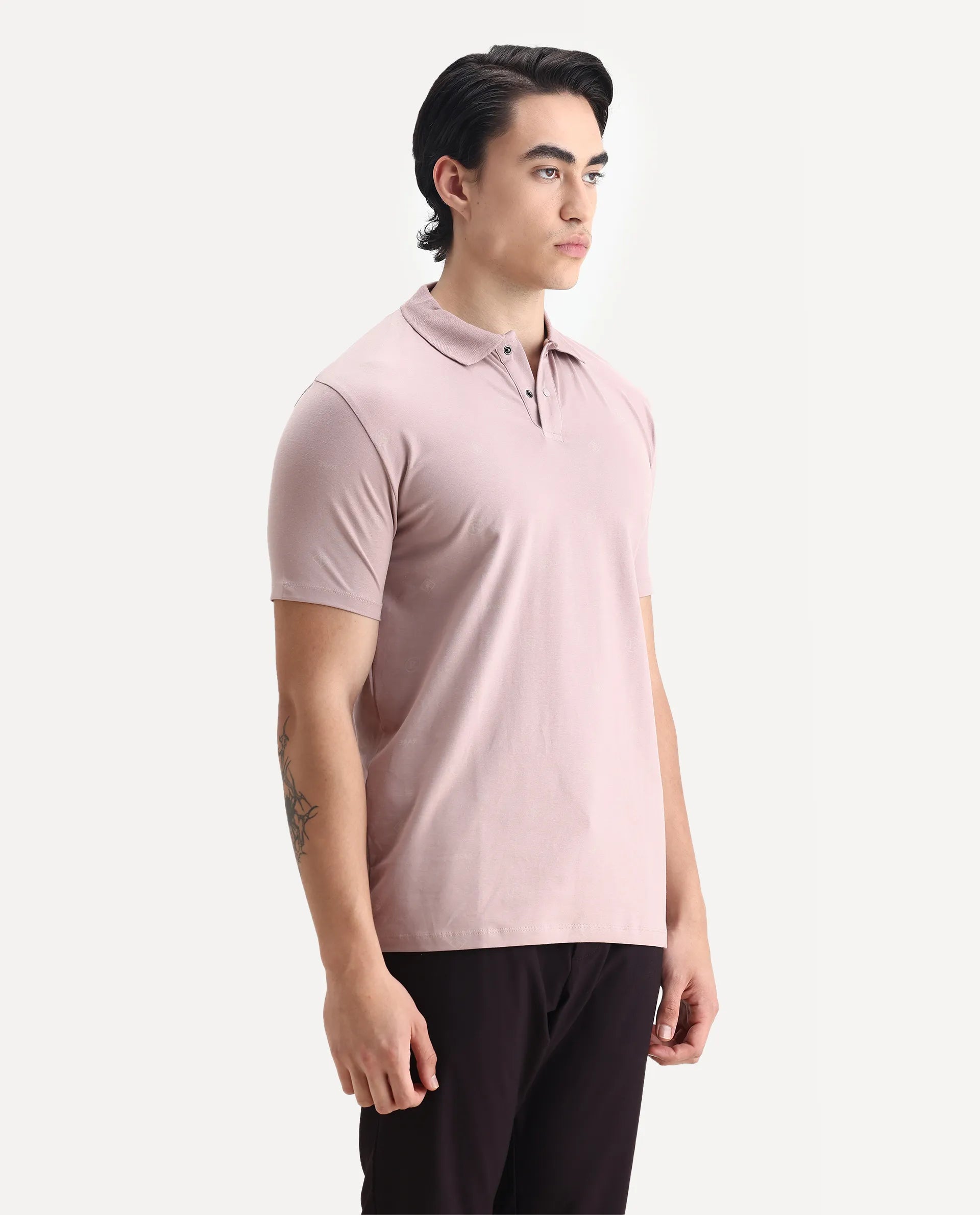 Rare Rabbit Men's Ogram Dusky Pink Cotton Monogram Print Regular Fit Half Sleeve Polo