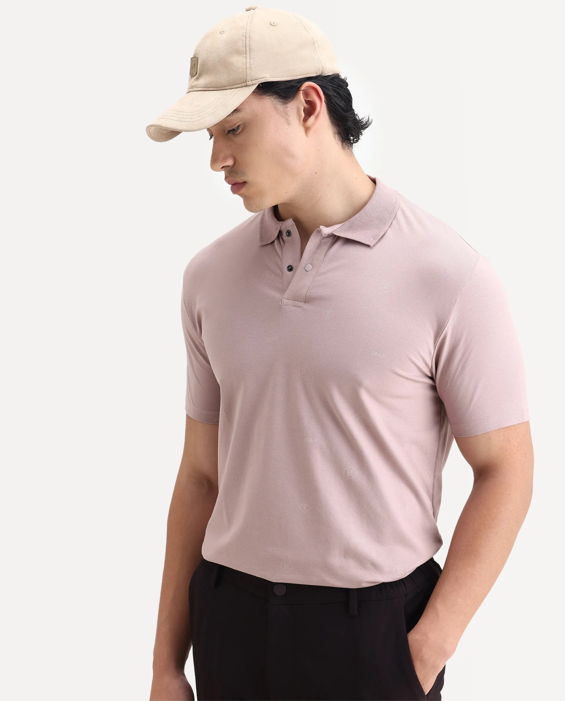 Rare Rabbit Men's Ogram Dusky Pink Cotton Monogram Print Regular Fit Half Sleeve Polo