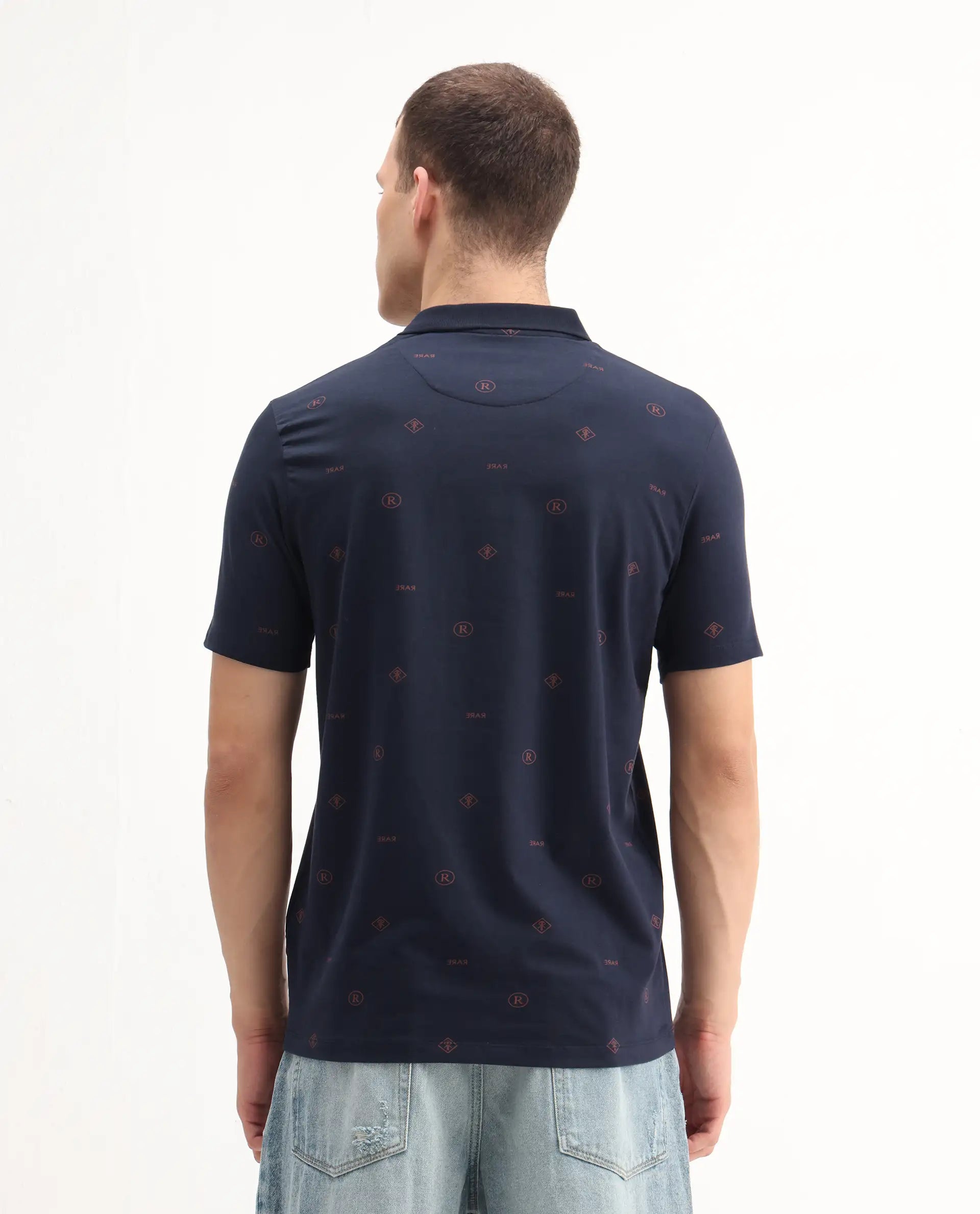 Rare Rabbit Men's Ogram Navy Cotton Monogram Print Regular Fit Half Sleeve Polo