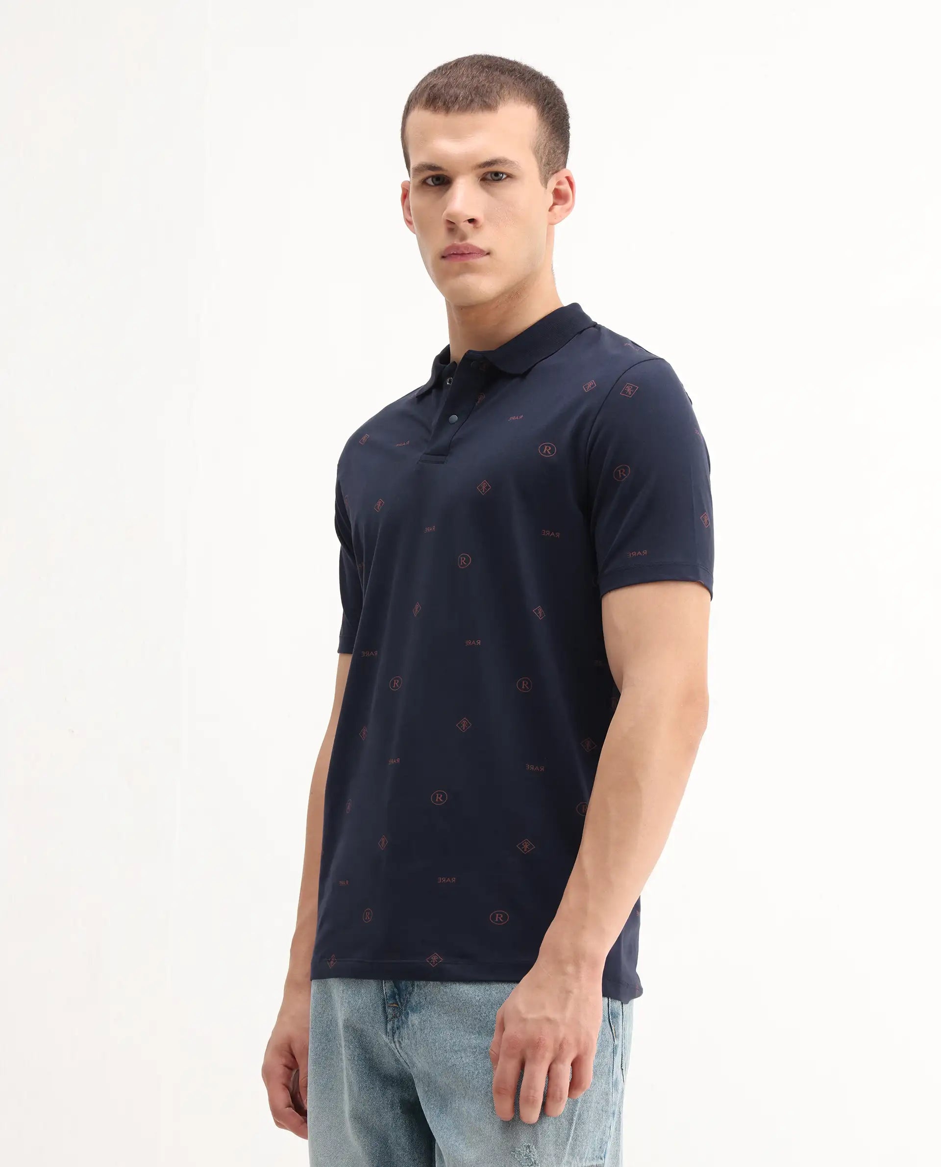 Rare Rabbit Men's Ogram Navy Cotton Monogram Print Regular Fit Half Sleeve Polo