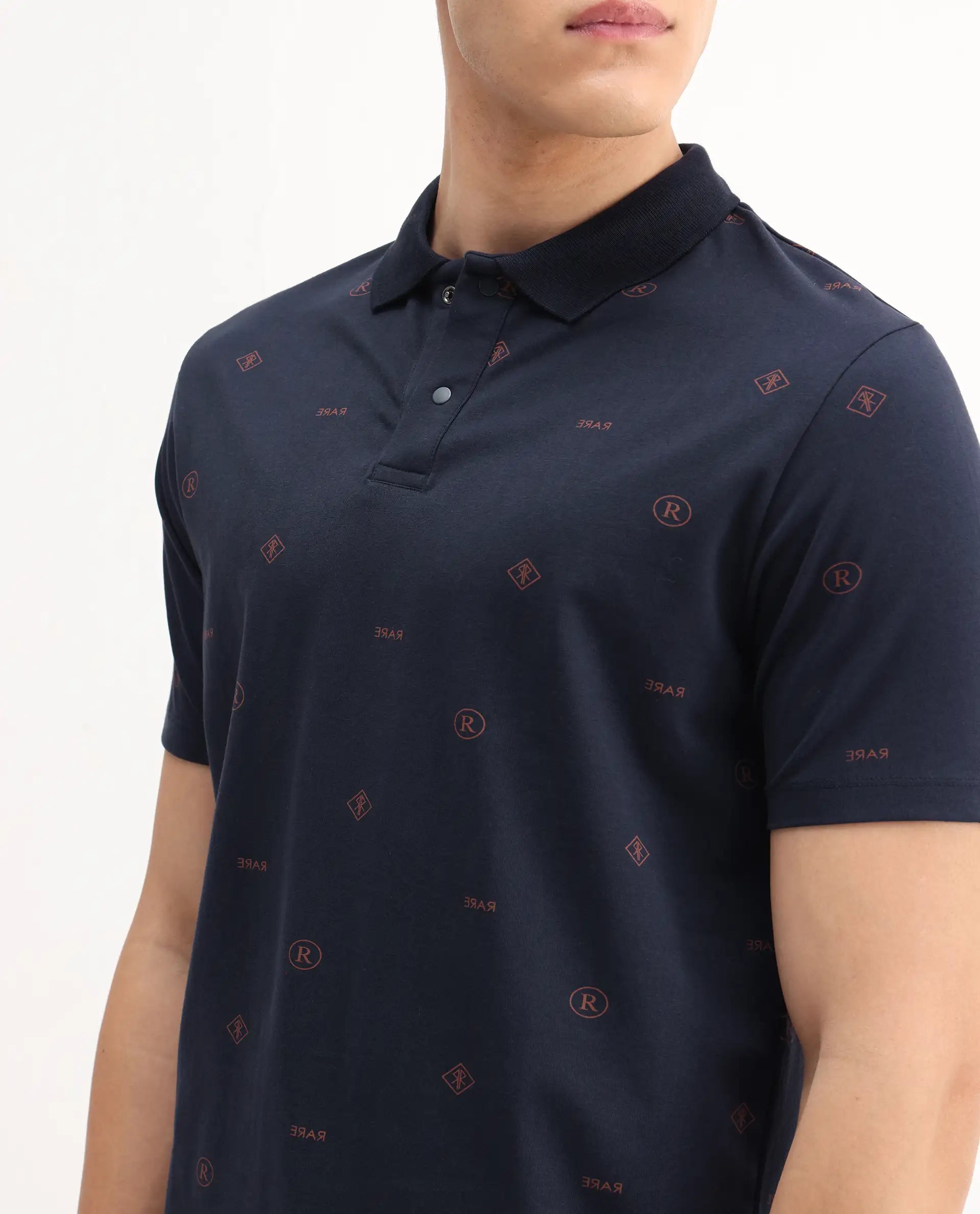 Rare Rabbit Men's Ogram Navy Cotton Monogram Print Regular Fit Half Sleeve Polo