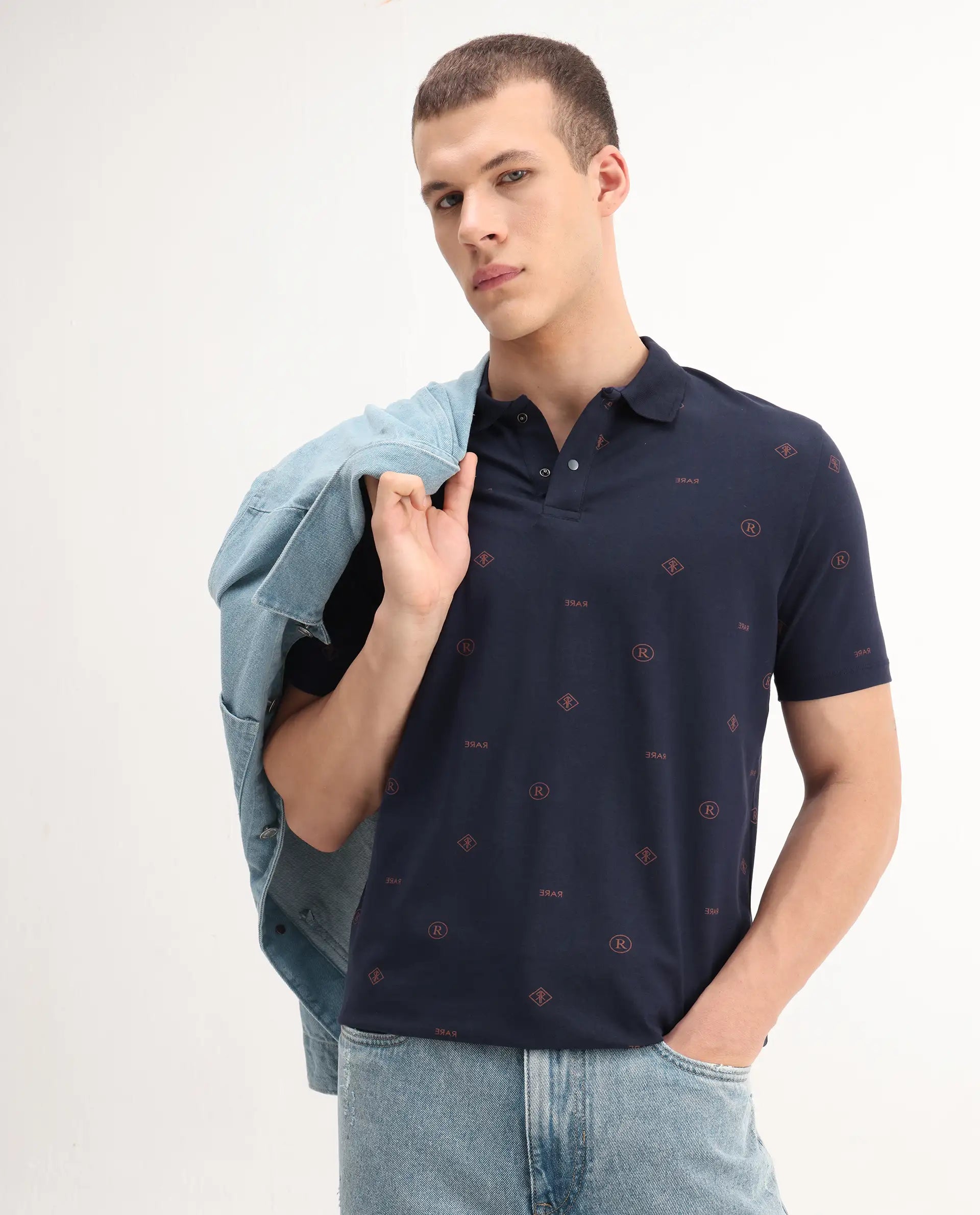 Rare Rabbit Men's Ogram Navy Cotton Monogram Print Regular Fit Half Sleeve Polo