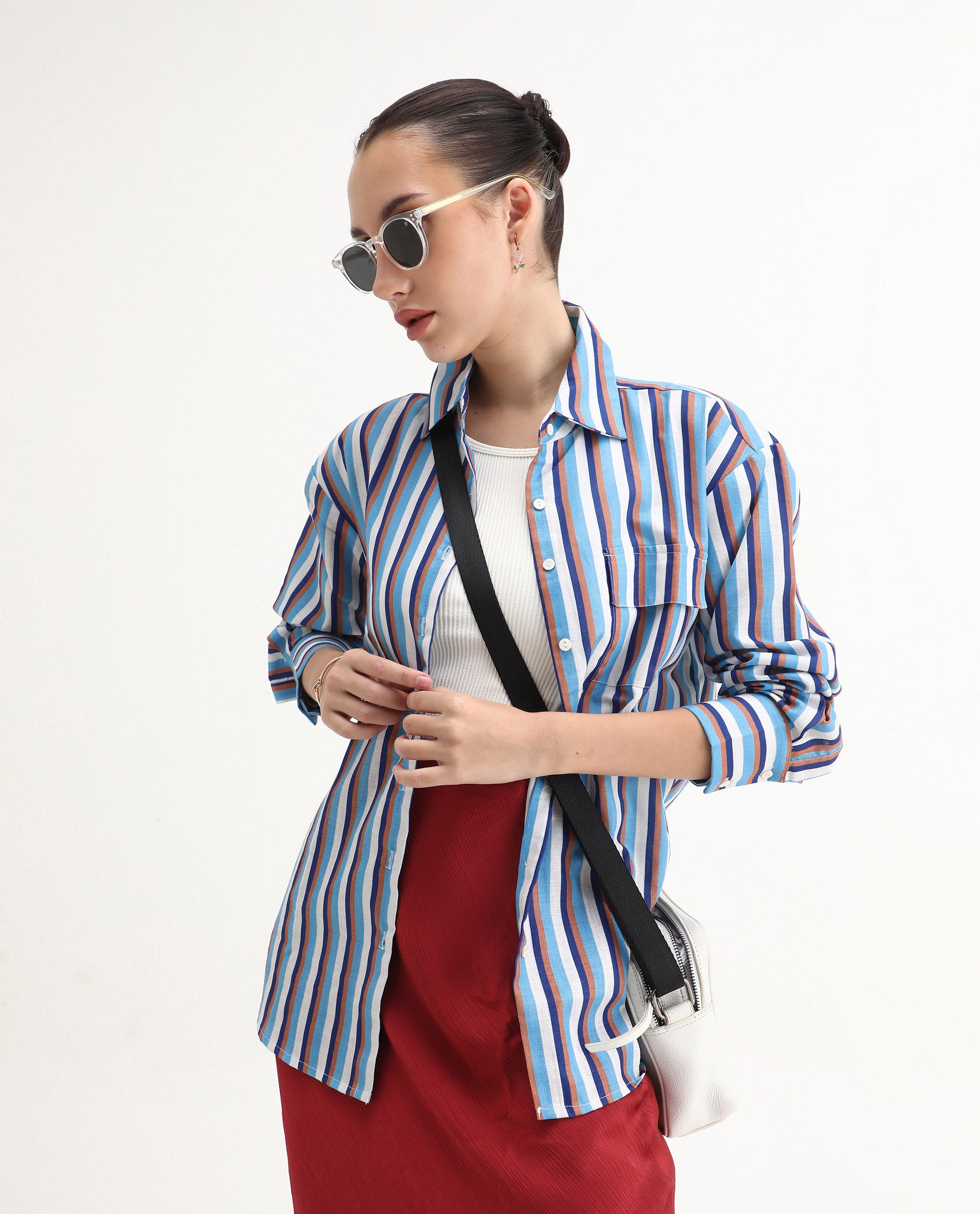 Rareism Women's Oharau Blue Polyester Drop Collar Striped Cuffed Sleeve Regular Fit Top