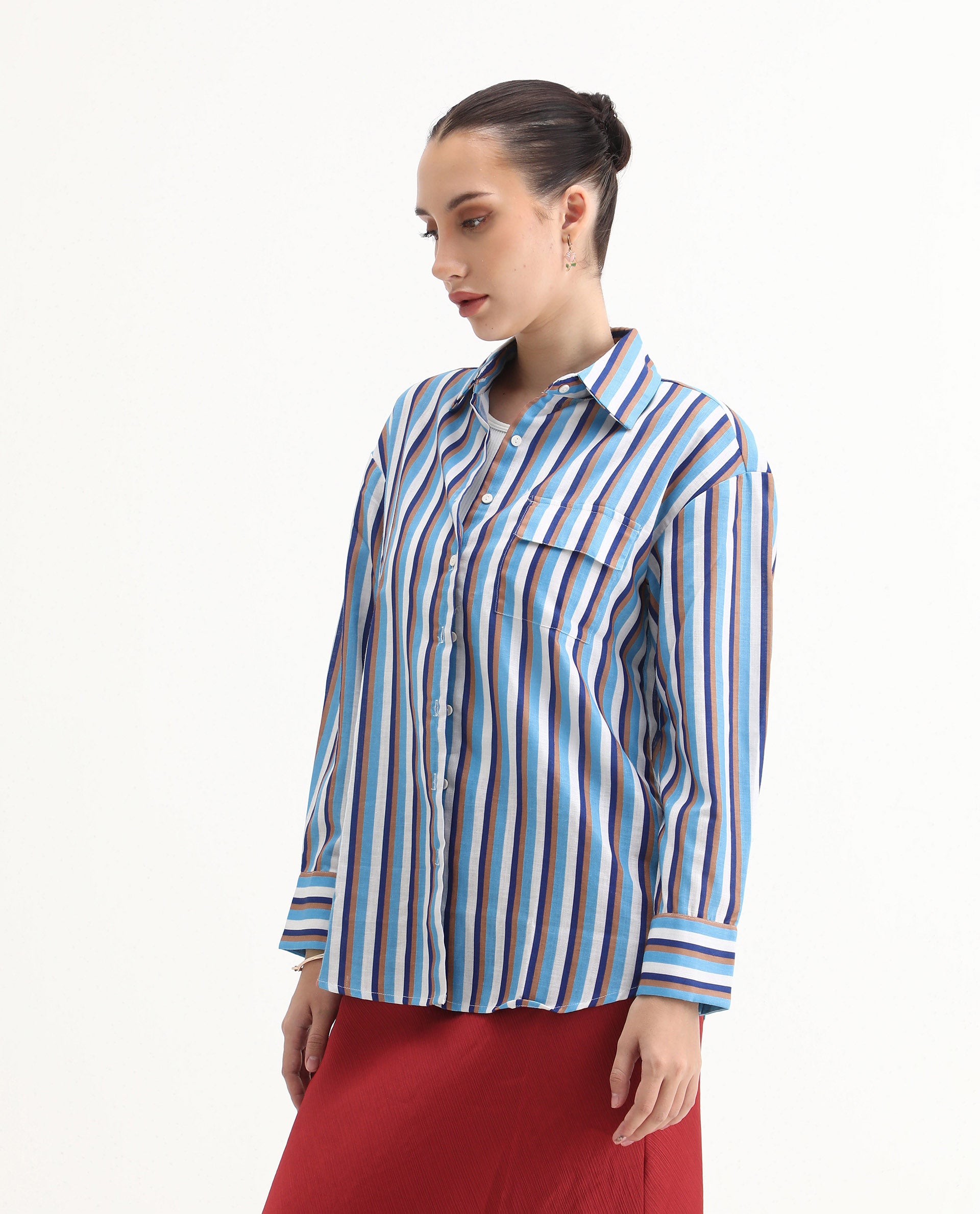Rareism Women's Oharau Blue Polyester Drop Collar Striped Cuffed Sleeve Regular Fit Top