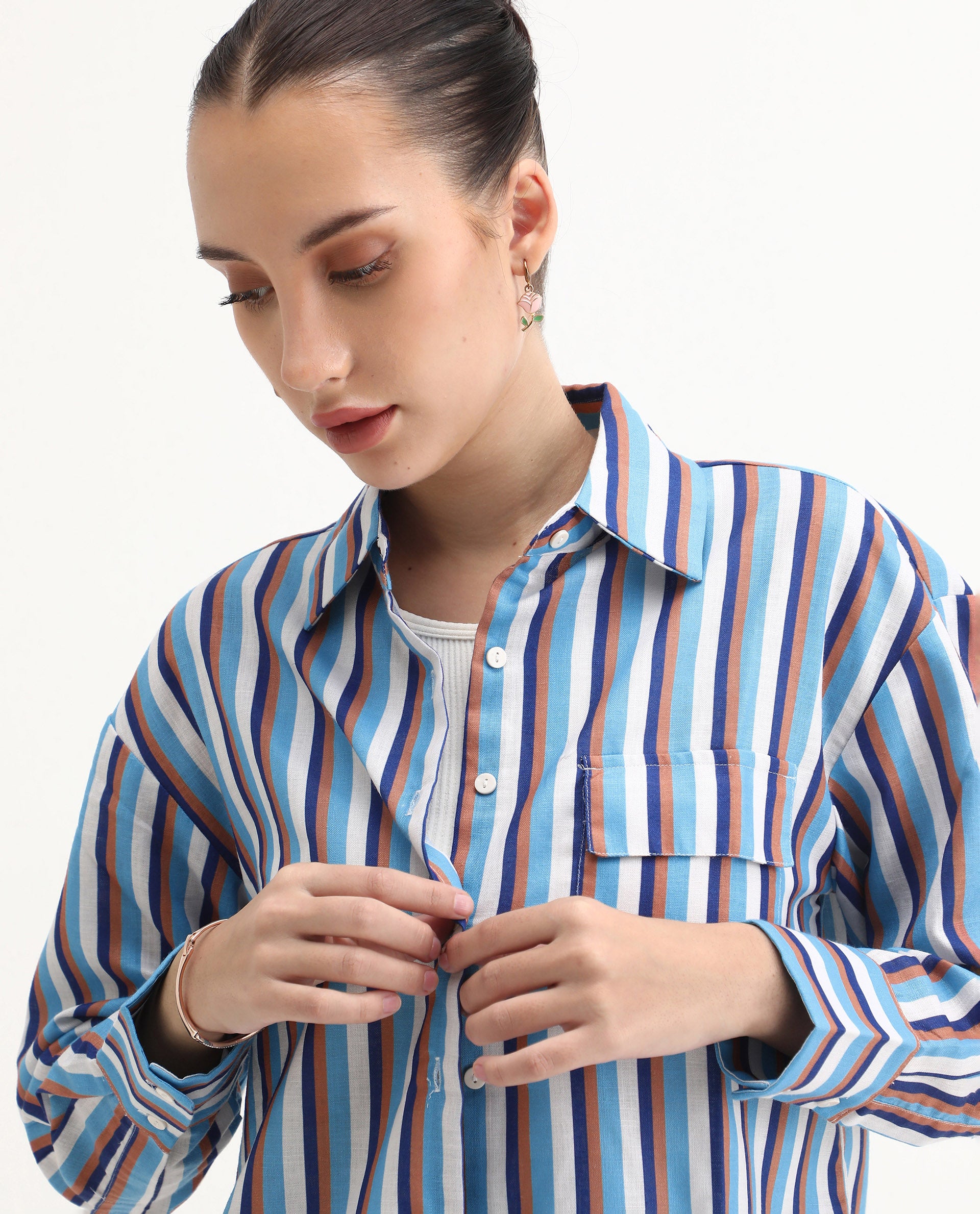 Rareism Women's Oharau Blue Polyester Drop Collar Striped Cuffed Sleeve Regular Fit Top