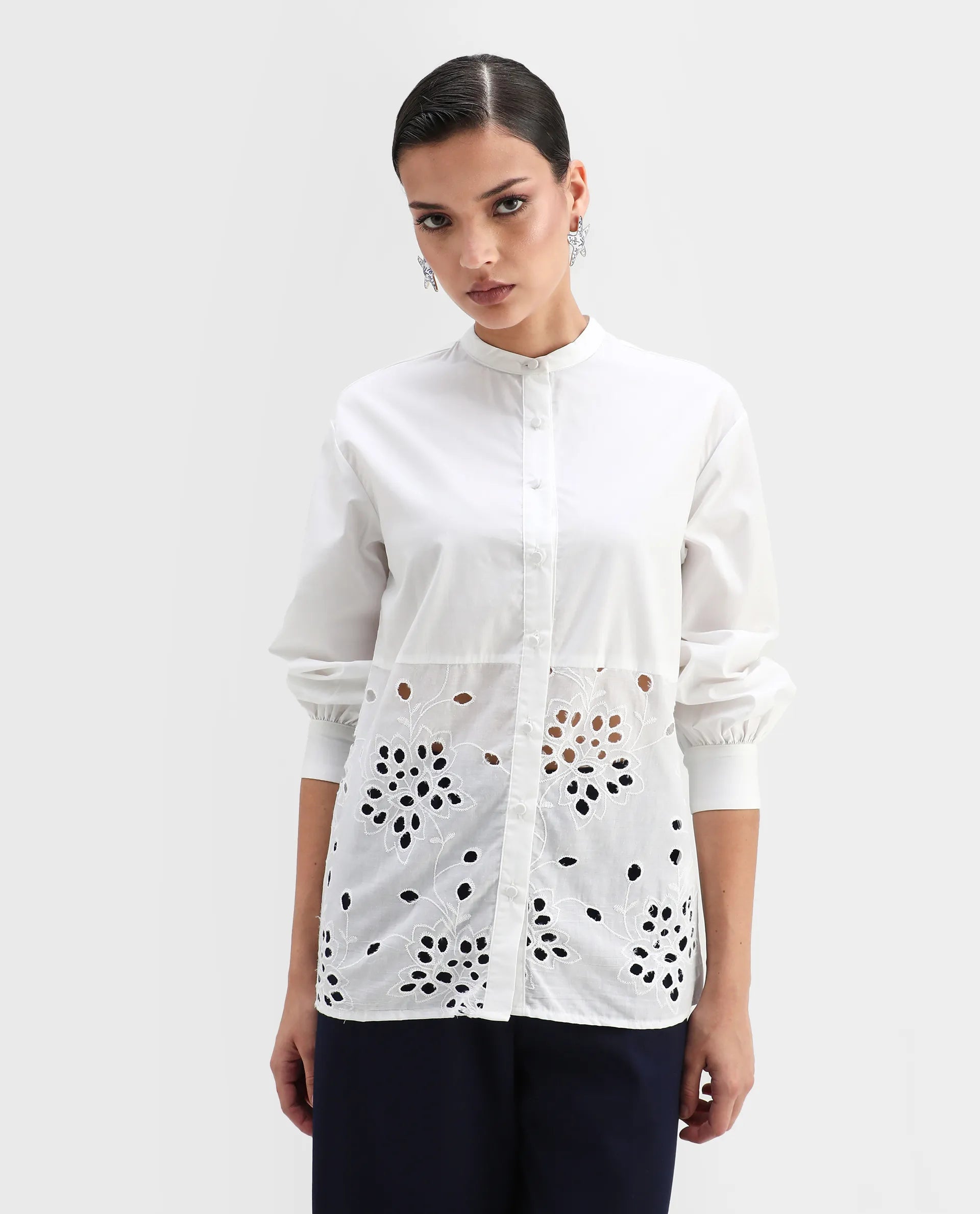 Rareism Women's Oia White Cotton Mandarin Collar Plain Cuffed Sleeve Relaxed Fit Top