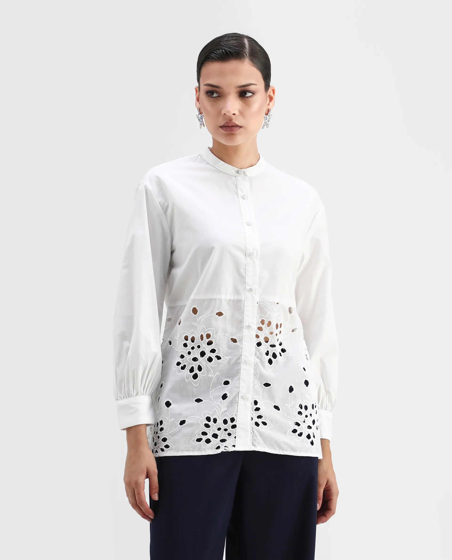 Rareism Women's Oia White Cotton Mandarin Collar Plain Cuffed Sleeve Relaxed Fit Top