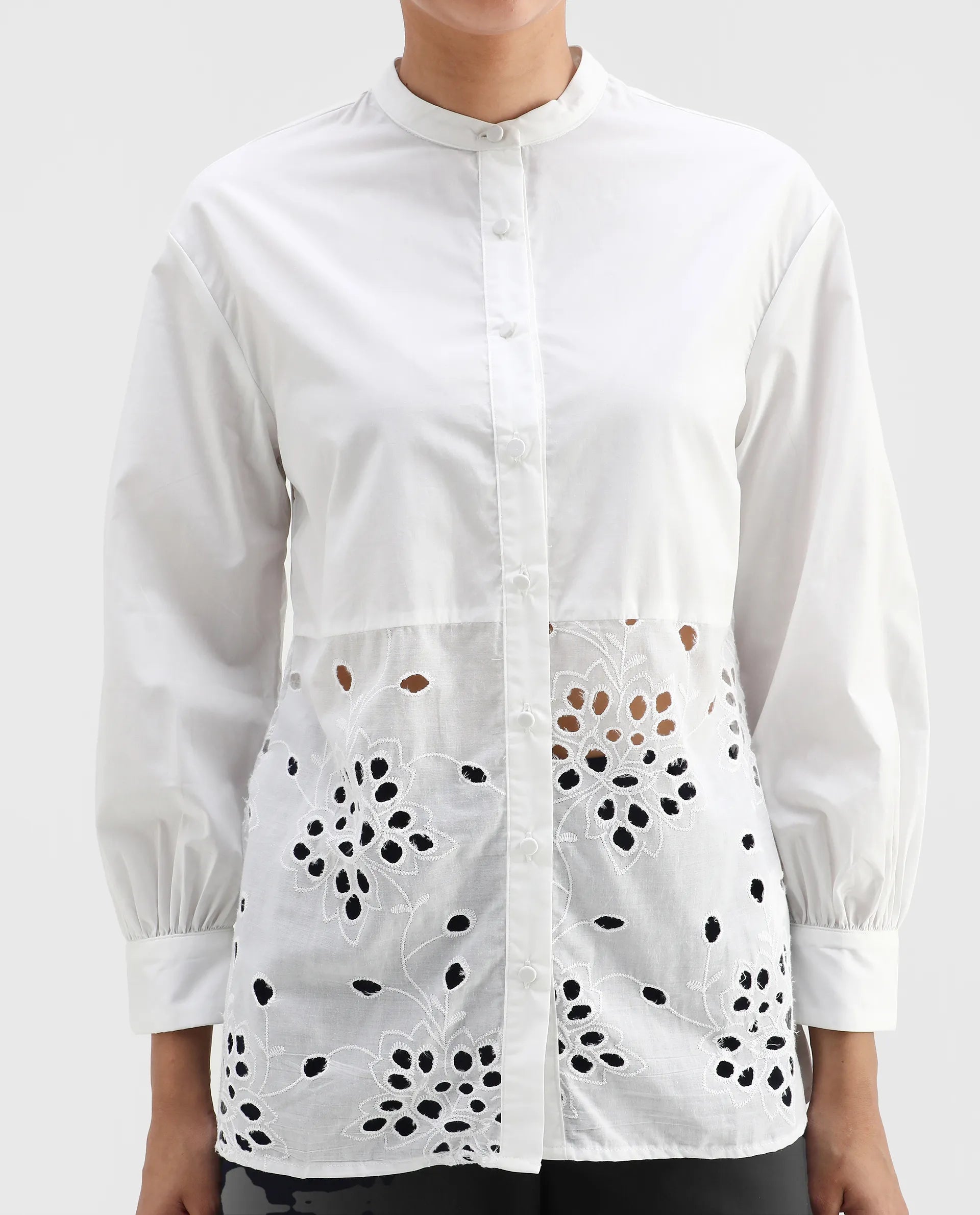 Rareism Women's Oia White Cotton Mandarin Collar Plain Cuffed Sleeve Relaxed Fit Top