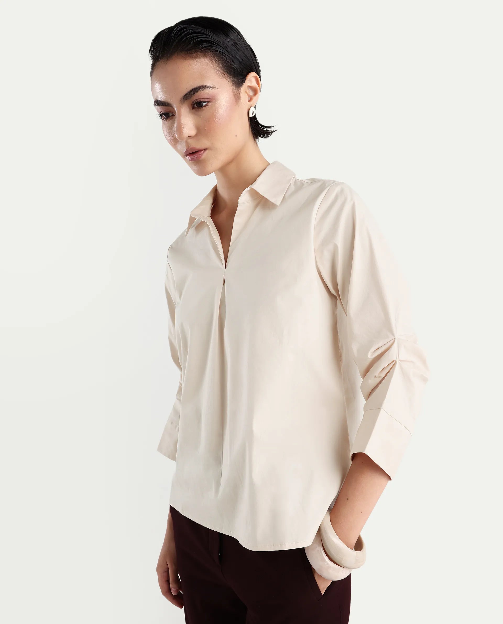 Rareism Women's Oilip Beige Cotton Blend V-Neck Plain Slit Sleeve Regular Fit Top