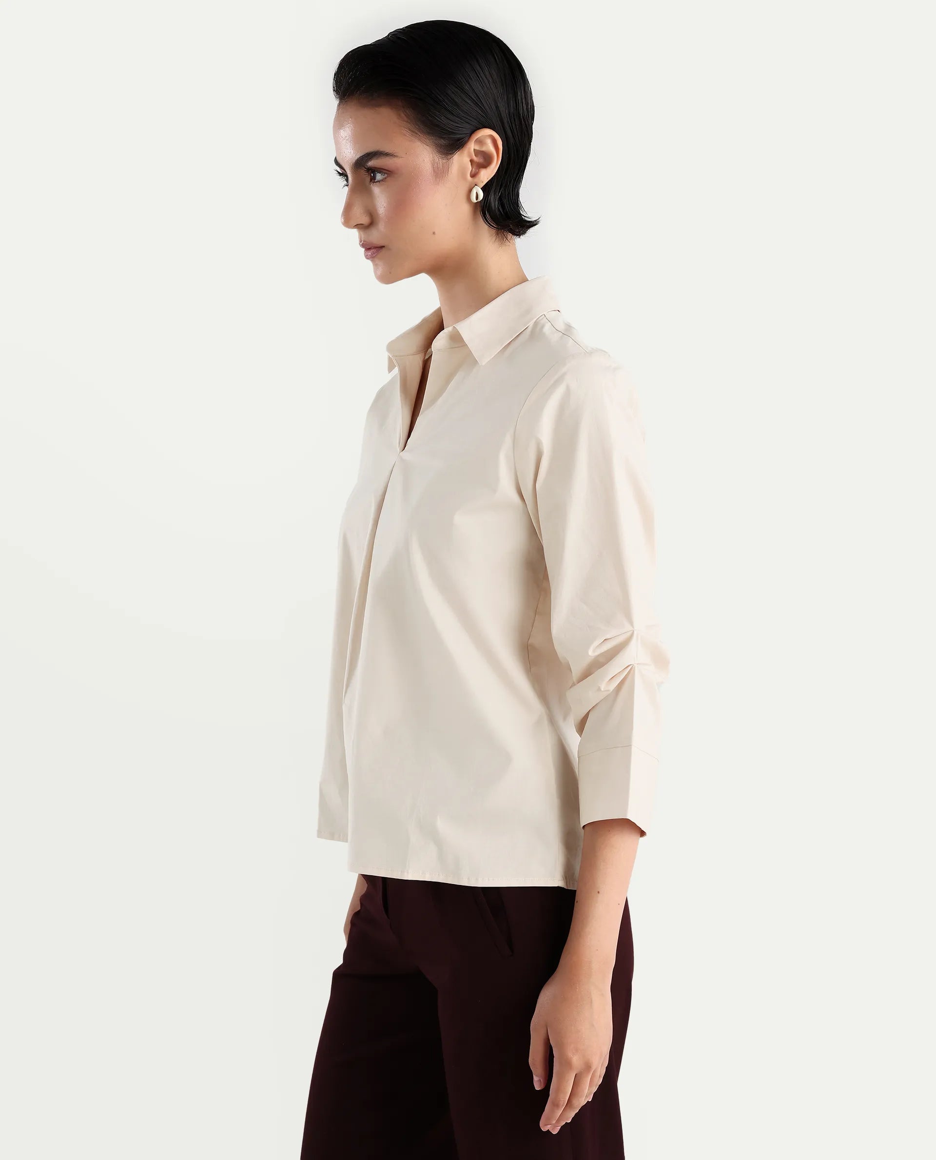 Rareism Women's Oilip Beige Cotton Blend V-Neck Plain Slit Sleeve Regular Fit Top