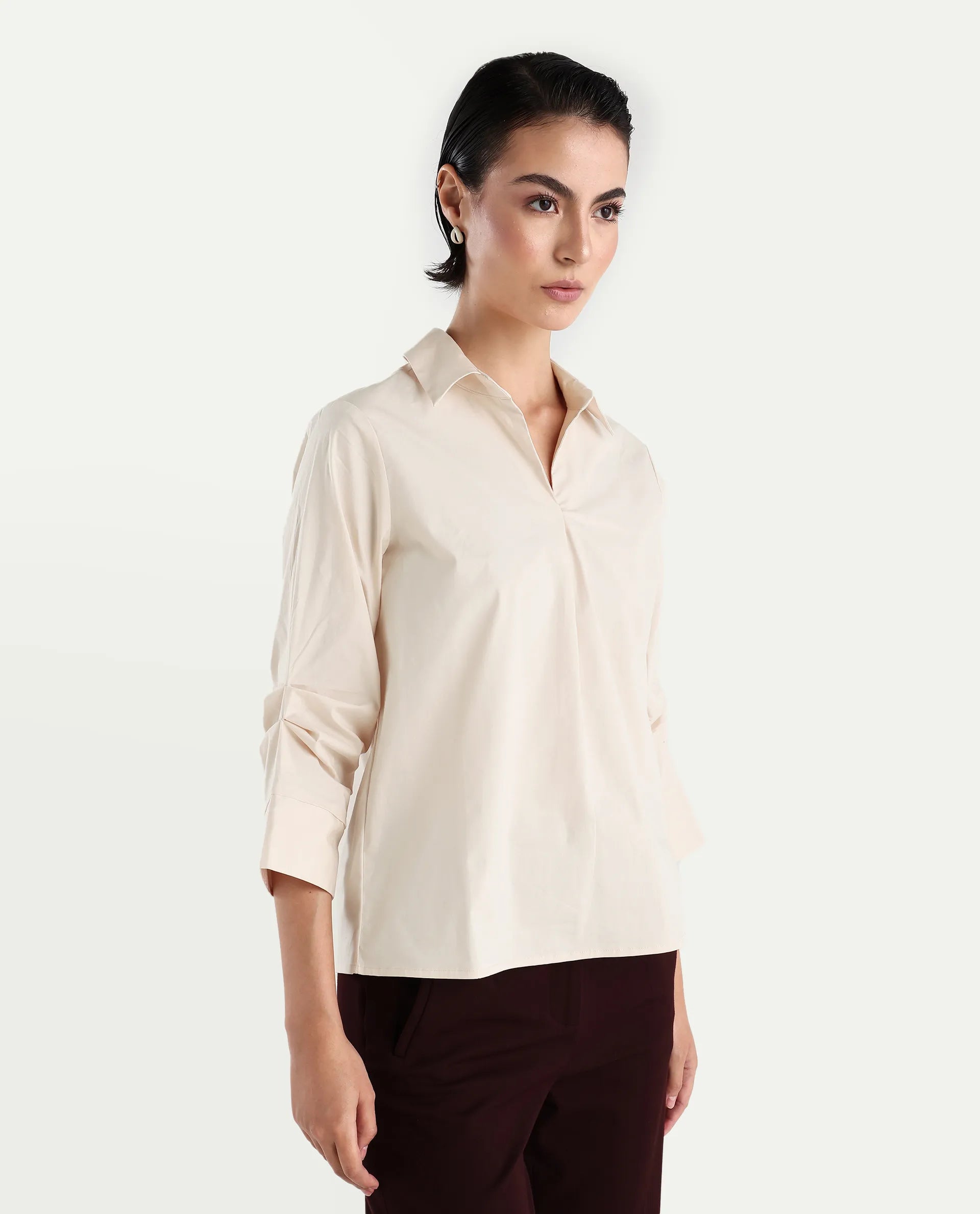 Rareism Women's Oilip Beige Cotton Blend V-Neck Plain Slit Sleeve Regular Fit Top