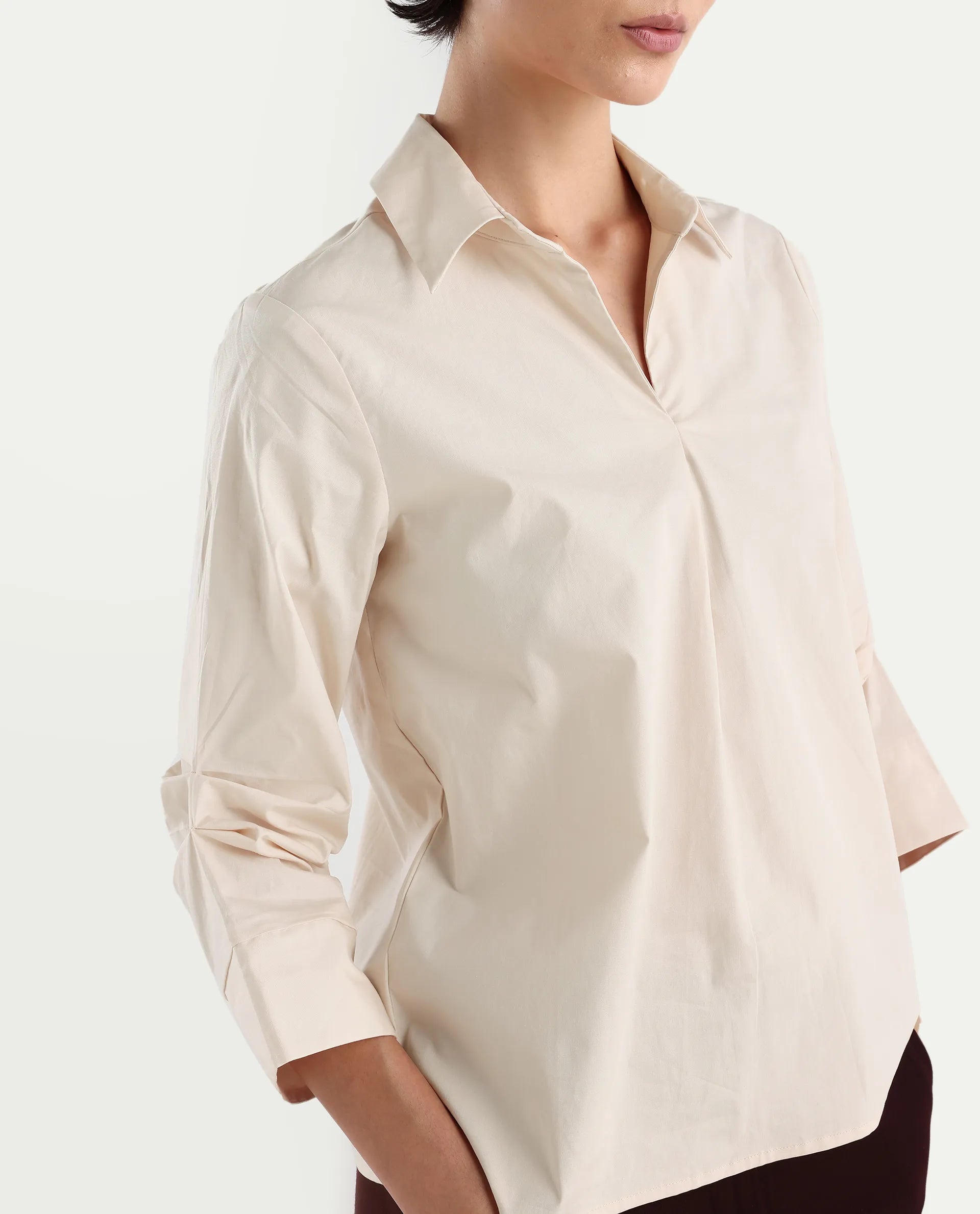 Rareism Women's Oilip Beige Cotton Blend V-Neck Plain Slit Sleeve Regular Fit Top